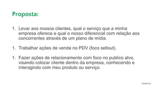 Proposta:
1. Levar aos nossos clientes, qual o serviço que a minha
empresa oferece e qual o nosso diferencial com relação aos
concorrentes através de um plano de mídia.
1. Trabalhar ações de venda no PDV (foco sellout).
1. Fazer ações de relacionamento com foco no publico alvo,
visando colocar cliente dentro da empresa, conhecendo e
interagindo com meu produto ou serviço.
 