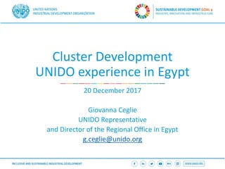 Cluster Development
UNIDO experience in Egypt
20 December 2017
Giovanna Ceglie
UNIDO Representative
and Director of the Regional Office in Egypt
g.ceglie@unido.org
 