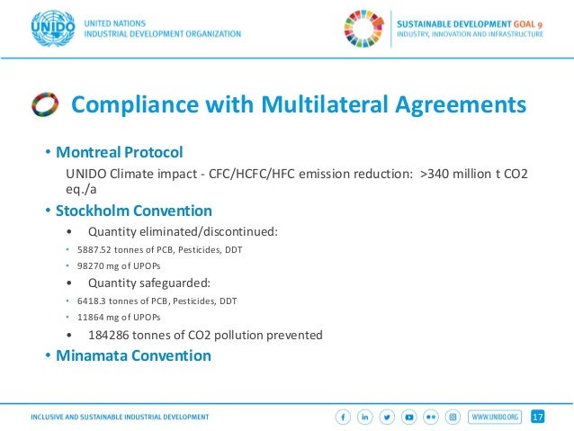 17
• Montreal Protocol
UNIDO Climate impact - CFC/HCFC/HFC emission reduction: >340 million t CO2
eq./a
• Stockholm Conven...