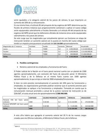 Unidos por la Justicia Asociación Civil | Paraguay 435, 3º “38” | Buenos Aires – ARGENTINA |
Tel. (54-11) 4516-0158 | E-mail: info@unidosjusticia.org | Web: www.unidosjusticia.org
serán igualados a la categoría salarial de los jueces de cámara, lo que importaría un
aumento del 20% de su remuneración.
En esa misma línea, el artículo 85 del proyecto de ley orgánica del MPF determina que los
fiscales de primera instancia que progresivamente comiencen a aplicar el nuevo código
serán equiparados salarialmente a Fiscales Generales y el artículo 49 del proyecto de ley
orgánica del MPD prevé que los defensores oficiales de instancia única serán equiparados
salarialmente a los jueces de cámara.
De esto surge que los magistrados que actualmente ejercen sus funciones en etapa de
instrucción tendrán un aumento salarial con la puesta en marcha del nuevo código que
tendrá un impacto presupuestario anualizado de $33.150.000 aproximadamente.
Magistrados de 1° instancia Cantidad Sueldo Aumento Mensual Anualizado
Jueces 70 75000 0,2 $ 1.050.000,00 $ 13.650.000,00
Fiscales 70 75000 0,2 $ 1.050.000,00 $ 13.650.000,00
Defensores 30 75000 0,2 $ 450.000,00 $ 5.850.000,00
TOTAL $ 2.550.000,00 $ 33.150.000,00
5. Posibles contingencias
 Reclamo salarial de los empleados y funcionarios del fuero
El Poder Judicial de la Nación en el fuero penal nacional cuenta con un plantel de 2300
agentes aproximadamente, con exclusión del fuero de ejecución penal. El Ministerio
Público Fiscal y de la Defensa en el mismo fuero cuenta con 1600 agentes
aproximadamente, lo que arroja un total de 3900 empleados/funcionarios.
Si bien no está previsto normativamente el aumento del 20% para los funcionarios y
empleados, las organizaciones gremiales podrían reclamar que el aumento previsto para
los magistrados se aplique a los funcionarios y empleados. Tomando en cuenta que la
remuneración mensual promedio y actual de la justicia nacional de instrucción es de
$28.6585
, el costo anual sería de aproximadamente $ 288.990.000.
CANTIDAD SALARIO PROMEDIO AUMENTO MENSUAL ANUALIZADO
Personal PJN del fuero penal
ordinario 2300 $ 28.500 0,2 $ 13.110.000 $ 170.430.000
Personal MPD/MPF del fuero penal
ordinario 1600 $ 28.500 0,2 $ 9.120.000 $ 118.560.000
TOTAL 3900 $ 22.230.000 $ 288.990.000
A esta cifra habría que agregarle el aumento salarial del 20 % de las nuevos cargos
creados para las Oficinas Judiciales, el Ministerio Público Fiscal y de la Defensa.
5
Idem 4.
 