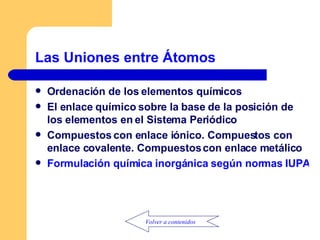 Las Uniones entre Átomos Ordenación de los elementos químicos El enlace químico sobre la base de la posición de los elementos en el Sistema Periódico Compuestos con enlace iónico. Compuestos con enlace covalente. Compuestos con enlace metálico Formulación química inorgánica según normas IUPAC Volver a contenidos 