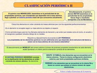 Clasificación Periódica II   El químico ruso MENDELEIEV ,  basándose en la periodicidad de las propiedades químicas, que consideraba que dependían de la masa atómica, llegó a plantear un  sistema periódico  base del que conocemos actualmente. Simultáneamente, el químico alemán MEYER basándose en la periodicidad de las propiedades físicas llegó a resultados semejantes a los de Mendeleiev. Colocó los elementos  en orden creciente de masas atómicas pero con los siguientes perfeccionamientos : - Si un elemento no encajaba según su masa atómica se dejaba un espacio.   -Formó períodos largos para los hoy llamados elementos de transición y así evitar que metales como el cromo, el vanadio o el manganeso quedasen situados debajo de no metales.   Resumió  su descubrimiento enunciando la  LEY PERIÓDICA Las propiedades de los elementos químicos no son arbitrarias sino que dependen de la estructura del átomo y varían con la masa atómica de una manera sistemática”. PERÍODO a los elementos que se encuentran en la misma fila y tienen en común que poseen el mismo número de capas electrónicas. GRUPO  O FAMILIA   a los elementos que se encuentran en la misma columna .  T ienen la misma configuración electrónica externa y por tanto propiedades químicas similares. El descubrimiento  por   MOSELEY  del número atómico  (número de protones)  propiedad característica de cada elemento acabó aportando un criterio para la ordenación correcta de los elementos. El  SISTEMA PERIÓDICO  MODERNO consiste en la clasificación de los elementos en orden creciente de número atómico . Se denomina:  CLASIFICACIÓN PERIÓDICA  II Volver a índice Estructura de la materia 
