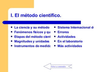 I. El método científico. La ciencia y su método Fenómenos físicos y químicos Etapas del método científico Magnitudes y unidades Instrumentos de medida Sistema Internacional de unidades Errores Actividades En el laboratorio Más actividades Volver a contenidos 