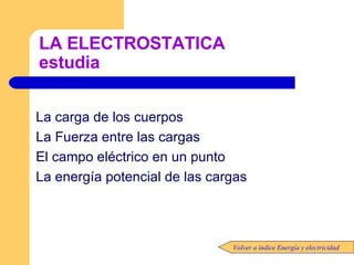 LA ELECTROSTATICA estudia La carga de los cuerpos La Fuerza entre las cargas El campo eléctrico en un punto  La energía potencial de las cargas Volver a índice Energía y electricidad 