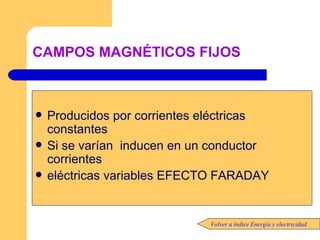 CAMPOS MAGNÉTICOS   FIJOS Producidos por corrientes eléctricas constantes Si se varían  inducen en un conductor corrientes  eléctricas variables EFECTO FARADAY Volver a índice Energía y electricidad 