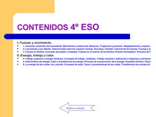 CONTENIDOS  4º ESO I. Fuerzas y movimiento. 1. Iniciación al estudio del movimiento. Movimiento y sistema de referencia. Trayectoria y posición. Desplazamiento y espacio recorrido. Velocidad y aceleración. Estudio del movimiento rectilíneo y uniforme. Estudio del movimiento uniforme de trayectoria circular. Estudio del movimiento rectilíneo y uniformemente acelerado. Análisis de los movimientos cotidianos. 2. Las fuerzas y sus efectos. Interacciones entre los cuerpos: fuerzas. Sus tipos. Carácter vectorial de las fuerzas. Fuerzas y deformaciones. Ley de Hooke. Medida de fuerzas. Composición y descomposición de fuerzas de la misma dirección y angulares. Equilibrio de fuerzas. Leyes de la Dinámica. Tratamiento cualitativo de la fuerza de rozamiento. De Aristóteles a Hawking: una visión histórica de la astronomía. Fuerza gravitatoria. Peso de los cuerpos. 3. Fuerzas en fluidos. Concepto de presión. Unidades. Fuerzas en el interior de los fluidos. Presión hidrostática: Principio de Pascal. Aplicaciones. Principio de Arquímedes. Flotabilidad de los cuerpos. Presión atmosférica. Aplicaciones: previsión del tiempo y determinación de la altitud. II. Energía, trabajo y calor. 4. Trabajo, potencia y energía mecánica. Concepto de trabajo. Unidades. Trabajo mecánico. Aplicación a máquinas y herramientas. Concepto de potencia. Unidades. Energía mecánica: energías cinética y potencial gravitatoria. Principio de conservación. 5. Intercambios de energía. Calor y transferencia de energía. Principio de conservación de la energía. Equilibrio térmico. Equivalente mecánico del calor. Concepto de calor específico. Cantidad de calor transferido en intervalos térmicos. Cantidad de calor transferido en cambios de estado. Efectos del calor sobre los cuerpos. Funcionamiento de una máquina térmica. Transformaciones energéticas en aparatos de uso común. 6. La energía de las ondas: luz y sonido. Concepto de onda. Tipos y características de las ondas. Transferencia de energía sin transporte de masa. La luz y el sonido. Propiedades de su propagación. Espectro lumínico.   Volver a inicio 