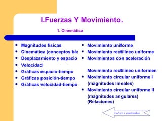I. Fuerzas Y Movimiento. 1. Cinemática Magnitudes físicas Cinemática (conceptos básicos) Desplazamiento y espacio recorrido Velocidad Gráficas espacio-tiempo Gráficas posición-tiempo Gráficas velocidad-tiempo Movimiento uniforme Movimiento rectilíneo uniforme Movimientos con aceleración Movimiento rectilíneo uniformemente variado Movimiento circular uniforme I (magnitudes lineales) Movimiento circular uniforme II (magnitudes angulares) (Relaciones) Volver a contenidos 