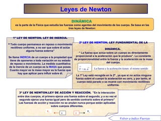 Leyes de Newton DINÁMICA   es la parte de la Física que estudia las fuerzas como agentes del movimiento de los cuerpo. Se basa en las tres leyes de Newton: 1ª LEY DE NEWTON. LEY DE INERCIA. “   Todo cuerpo permanece en reposo o movimiento rectilíneo uniforme, a no ser que sobre él actúe alguna fuerza externa”   Se llama  INERCIA  de un cuerpo a la propiedad que tiene de oponerse a toda variación en su estado de reposo o movimiento. La medida cuantitativa de la inercia de un cuerpo es la  MASA  que posee. Cuanto mayor es la masa mayor es la fuerza que hay que aplicar para influir sobre él. 2ª LEY DE NEWTON . LEY FUNDAMENTAL DE LA DINÁMICA.   “  La fuerza que actúa sobre un cuerpo es directamente proporcional a la aceleración que le produce”. La constante de proporcionalidad entre la fuerza y la aceleración es la masa del cuerpo.          La 1ª Ley está recogida en la 2ª , ya que si no actúa ninguna fuerza sobre el cuerpo la aceleración es cero, y por tanto, el cuerpo está parado o se mueve con movimiento rectilíneo uniforme. La fuerza y la aceleración tienen  el mismo sentido 3ª LEY DE NEWTON.LEY DE ACCIÓN Y REACCIÓN.   ”En la interacción entre dos cuerpos, el primero ejerce una fuerza sobre el segundo, y a su vez el segundo ejerce una fuerza igual pero de sentido contrario sobre el primero” Las fuerzas de acción y reacción no se anulan nunca porque están aplicadas sobre cuerpos diferentes. F 2 F 1 1 2 Volver a índice Fuerzas F = m .a 