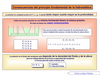 Consecuencias del principio fundamental de la hidrostática             La presión en cualquier punto es P =   . g . h siendo   tanto mayor cuanto mayor es la profundidad. La presión en el fondo del recipiente sólo  depende de la densidad del fluido y de la altura   pero es independiente de la forma o capacidad del recipiente.  La fuerza ejercida sobre el fondo será: F =  P . s P = presión S = área de la base Volver a índice Fluidos Todos los puntos situados en una  misma horizontal tienen la misma presión .  En esto se basan los  vasos comunicantes : Para que la presión en todos los puntos de una horizontal sea la misma el líquido debe alcanzar en todos los tubos la misma altura P 1  = P 2  = P 3  = P 4  . h .   . h 1  . g =   . h 2  . g =   . h 3  . g =   . h 4  . g h 1   =  h 2   = h 3   =  h 4 P 1  =   . h 1  . g  P 2  =   . h 2  . g  P 3  =   .  h 3  . g P 4  =   .  h 4  . g 