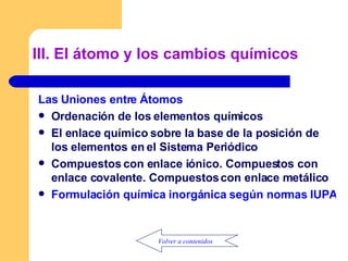 III. El átomo y los cambios químicos Las Uniones entre Átomos   Ordenación de los elementos químicos El enlace químico sobre la base de la posición de los elementos en el Sistema Periódico Compuestos con enlace iónico. Compuestos con enlace covalente. Compuestos con enlace metálico Formulación química inorgánica según normas IUPAC Volver a contenidos 