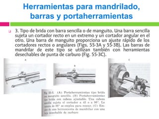 ❑ 3. Tipo de brida con barra sencilla o de manguito. Una barra sencilla
sujeta un cortador recto en un extremo y un cortador angular en el
otro. Una barra de manguito proporciona un ajuste rápido de los
cortadores rectos o angulares (Figs. 55-3A y 55-3B). Las barras de
mandrilar de este tipo se utilizan también con herramientas
desechables de punta de carburo (Fig. 55-3C).
Herramientas para mandrilado,
barras y portaherramientas
 