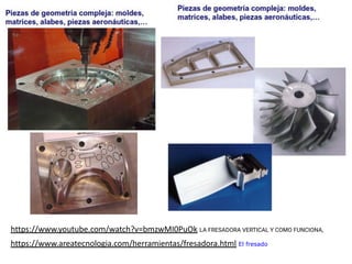 https://www.youtube.com/watch?v=bmzwMI0PuOk LA FRESADORA VERTICAL Y COMO FUNCIONA,
https://www.areatecnologia.com/herramientas/fresadora.html El fresado
 