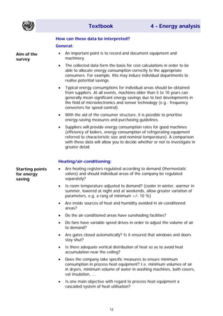 Textbook 4 - Energy analysis
How can these data be interpreted?
General:
• An important point is to record and document equipment and
machinery.
Aim of the
survey
• The collected data form the basis for cost calculations in order to be
able to allocate energy consumption correctly to the appropriate
consumers. For example, this may induce individual departments to
realise potential savings.
• Typical energy consumptions for individual areas should be obtained
from suppliers. At all events, machines older than 5 to 10 years can
generally mean significant energy savings due to fast developments in
the field of microelectronics and sensor technology (e.g.: frequency
converters for speed control).
• With the aid of the consumer structure, it is possible to prioritise
energy-saving measures and purchasing guidelines.
• Suppliers will provide energy consumption rates for good machines
(efficiency of boilers, energy consumption of refrigerating equipment
referred to characteristic size and nominal temperature). A comparison
with these data will allow you to decide whether or not to investigate in
greater detail.
Heating/air-conditioning:
• Are heating registers regulated according to demand (thermostatic
valves) and should individual areas of the company be regulated
separately?
Starting points
for energy
saving
• Is room temperature adjusted to demand? (cooler in winter, warmer in
summer, lowered at night and at weekends, allow greater variation of
parameters, e.g. a rang of minimum +/- 10 %)
• Are inside sources of heat and humidity avoided in air-conditioned
areas?
• Do the air-conditioned areas have sunshading facilities?
• Do fans have variable speed drives in order to adjust the volume of air
to demand?
• Are gates closed automatically? Is it ensured that windows and doors
stay shut?
• Is there adequate vertical distribution of heat so as to avoid heat
accumulation near the ceiling?
• Does the company take specific measures to ensure minimum
consumption in process heat equipment? I.e. minimum volumes of air
in dryers, minimum volume of water in washing machines, bath covers,
vat insulation, ...
• Is one main objective with regard to process heat equipment a
cascaded system of heat utilisation?
12
Main Menu Teachers notesTeachers' notes
 
