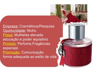 Empresa:  Cosméticos/Pesquisa Oportunidade:  Nicho Praça:  Mulheres elevada  educação e poder aquisitivo Produto:  Perfume   Fragâncias  especiais Promoção:  Comunicação  forma adequada ao estilo de vida 