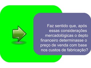 Faz sentido que, após  essas considerações  mercadológicas o depto financeiro determinasse o  preço de venda com base  nos custos de fabricação? 