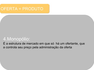 OFERTA = PRODUTO 4.Monopólio: É a estrutura de mercado em que só  há um ofertante, que  a controla seu preço pela administração da oferta 