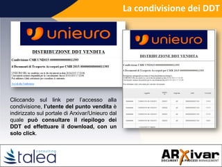 La condivisione dei DDT
Cliccando sul link per l’accesso alla
condivisione, l’utente del punto vendita è
indirizzato sul portale di Arxivar/Unieuro dal
quale può consultare il riepilogo dei
DDT ed effettuare il download, con un
solo click.
 