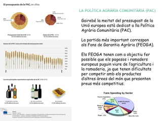 Gairebé la meitat del pressupost de la
Unió europea està dedicat a lla Política
Agrària Comunitària (PAC).
La partida més important correspon
als Fons de Garantia Agrària (FEOGA).
Els FEOGA tenen com a objectiu fer
possible que els pagesos i ramaders
europeus puguin viure de l’agricultura i
la ramaderia, ja que tenen dificultats
per competir amb els productes
d’altres àrees del món que presenten
preus més competitius.
 