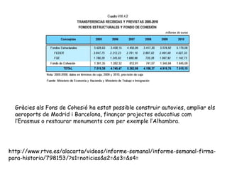 http://www.rtve.es/alacarta/videos/informe-semanal/informe-semanal-firma-
para-historia/798153/?s1=noticias&s2=&s3=&s4=
Gràcies als Fons de Cohesió ha estat possible construir autovies, ampliar els
aeroports de Madrid i Barcelona, finançar projectes educatius com
l’Erasmus o restaurar monuments com per exemple l’Alhambra.
 