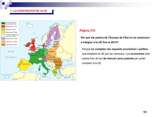 11
Pàgina 313
1.- LA CONSTRUCCIÓ DE LA UE
Per què els països de l’Europa de l’Est no es comencen
a integrar a la UE fins el 2014?
Perquè no complien els requisits econòmics i polítics
que estableix la UE per ser admesos. Les economies dels
països han de ser de mercat i prou potents per poder
competir a la UE
 