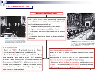 3
La construcció de la Unió Europea I
La U.E. és un conjunt d’estats europeus que comparteixen
unes institucions i una política comuna en matèria social i
econòmica. La unió va ser exigida per:
• La ruïna econòmica després de la IIª Guerra Mundial.
• El sorgiment de noves potències (EE.UU. i URSS)
• La decadència d’Europa i la superació de les rivalitats
internes.
• La necessitat d’enfortir-se davant les àrees capitalistes i
comunistes.
A) Els inicis de la unitat:
• Creació de l’OECE (Organització Europea de Cooper.
Econ.)per administrar les ajudes del Pla Marshall (1948)
• Creació de la CECA (Comunitat Europea del Carbó i l’Acer)
entre Alemanya, França, Itàlia i el Benelux (1951). Antecesora
de la CEE. Establir un mercat comú de matèries fonamentals del
desenvolupament industrial entre antics enemics (superar les
rivalitats): França i Alemanya. Objectiu: aconseguir la lliure
competència en el mercat del carbó i de l’acer per aconseguir
preus més barats i assegurar-ne el
B) La Comunitat Econòmica Europea:
• L’èxit de la CECA va conduir a l’ampliació del mercat comú a altres
productes.
• Es va signar el Tractat de Roma el 1957, data de fundació de la
Comunitat Econòmica Europea o Mercat Comú Europeu.
• Compromís de lliure circulació de mercaderies, establiment d’una unió
duanera i l’establiment d’una política comuna en matèria pesquera,
agrària, transports, comerç i energia (EURATOM)
1.- LA CONSTRUCCIÓ DE LA UE
 