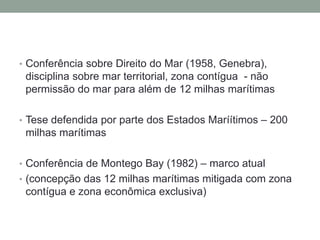 Conferência sobre Direito do Mar (1958, Genebra), disciplina sobre mar territorial, zona contígua  - não permissão do mar para além de 12 milhas marítimasTese defendida por parte dos Estados Maríítimos – 200 milhas marítimasConferência de Montego Bay (1982) – marco atual (concepção das 12 milhas marítimas mitigada com zona contígua e zona econômica exclusiva)