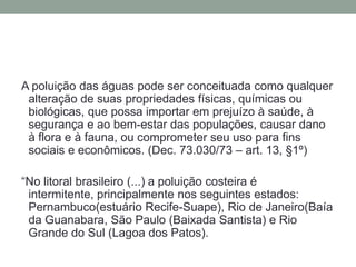 A poluição das águas pode ser conceituada como qualquer alteração de suas propriedades físicas, químicas ou biológicas, que possa importar em prejuízo à saúde, à segurança e ao bem-estar das populações, causar dano à flora e à fauna, ou comprometer seu uso para fins sociais e econômicos. (Dec. 73.030/73 – art. 13, §1º) “No litoral brasileiro (...) a poluição costeira é intermitente, principalmente nos seguintes estados: Pernambuco(estuário Recife-Suape), Rio de Janeiro(Baía da Guanabara, São Paulo (Baixada Santista) e Rio Grande do Sul (Lagoa dos Patos).