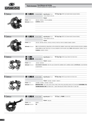Porta Escovas Para Motores de Partida motor
                                Brush holders for starter




     Delco    UF - 1.181/4               4 escovas / brushes   Especificações / Features:    12V, Tipo / Type: 39MT, Giro Sentido Horário/ Clockwise Rotation,
                                                               Escova / Brush: 8 x 30 x 20

                                                                      :
                                                               Original
             Partida / Starter:          19011519 * 19011531 * 1911519 ( 8200040)
             Aplicação / Application:    CUMMINS: 3103915




     Delco    UF - 1.182/4              4 escovas / brushes    Especificações / Features:    24V; Tipo / Type: 39MT, Giro Sentido Horário/ Clockwise Rotation,
                                                               Escova / Brush: 8 x 30 x 20

                                                                      :
                                                               Original
             Partida / Starter:          19011507, 19011509, 19011511, 19011522, 19011523, 19011524, 19011527, 8200034, 8200039, 8200101.


             Aplicação / Application:    CNH: COLHEITADEIRA DE CANA A7000 E A7700 COM MOTOR CUMMINS. SUGAR CANE LOADER A700 AND A7700 WITH CUMMINS
                                         ENGINE FIAT: ALLIS MAT TRACTOR FC170, ALLIS GRADER FG170/170.2/200 E 200.2 TEREX: EMPILHADEIRA / FORKLIFT GEP 23.
                                         CUMMINS: 3102920 E 3103914.




     Delco    UF - 1.184                                       Especificações / Features:    12V, Tipo / Type: 41MT, Escova / Brush: 9,6 X 28,6 X 26,6
              UF - 1.184/4              4 escovas / brushes

                                                                      :
                                                               Original 10468705
             Partida / Starter:           1047818 * 10479109
             Aplicação / Application:    AGCO MASSEY FERGUSON: TRACTOR 2360 COM MOTOR CUMMINS/ WITH CUMMINS ENGINE. CATTERPILAR: COLHEITADEIRA
                                         /LOADER MT875




     Delco    UF - 1.185/4              4 escovas / brushes    Especificações / Features:    24V,Tipo / Type: 41MT, Escova / Brush: 9,6 X 28,6 X 26,6


                                                                      :
                                                               Original 10470208 * 10453807 * 10500113
             Partida / Starter:          10478898 * 10478961 * 10479292 * 10479310
             Aplicação / Application:    MERCEDES-BENZ: 1631L,1632L,1632LS,1634LS,1938LS,1939S,1944L,2638,2638LK,2638LS,OF1722,OH1628, PLATAFORMA/ PLA-
                                         TAFORMS 0400 RSD E SRE (OUTUBRO 2004 ) - JUNHO 2009/ BUILDED FROM OCTOBER 2004 TO JUNE 2009




     Delco    UF - 1.193/4              4 escovas / brushes    Especificações / Features:    12V, Tipo / Type PG260G - 5 X 16 X 12,5


                                                                      :
                                                               Original 10453748
             Partida / Starter:          9000871
             Aplicação / Application:    GM




12
 