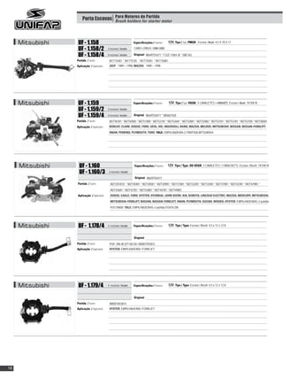 Porta Escovas Para Motores de Partida motor
                                     Brush holders for starter




     Mitsubishi    UF - 1.158                                      Especificações / Features:   12V; Tipo / Type PMGR ; Escova / Brush: 4,5 X 18 X 17
                   UF - 1.158/2              2 escovas / brushes   CABO LONGO / LONG CABLE

                   UF - 1.158/4              4 escovas / brushes   Original: M649T01671 * F32Z-11061-B * SBE342
                  Partida / Starter:          M1T74283 * M1T75181 * M1T75581 * M1T76081
                  Aplicação / Application:    JEEP - 1989 > 1998; MAZDA - 1989 > 1998




     Mitsubishi    UF - 1.159                                      Especificações / Features:   12V, Tipo / Type OSGR; 4 CAVALETES / 4 BRACKETS, Escova / Brush: 7X10X18
                   UF - 1.159/2              2 escovas / brushes

                   UF - 1.159/4              4 escovas / brushes          :
                                                                   Original M649T04471 * MD607420
                  Partida / Starter:          M2T50181 * M2T50585 * M2T51085 * M2T52181 * M2T52681 * M2T52881 * M2T52882 * M2T53181 * M2T53781 * M2T53785 * M2T58581
                  Aplicação / Application:    BOBCAT; CLARK; DODGE; FORD; GEHL; IHC; INGERSOLL-RAND; MAZDA; MELROE; MITSUBISHI; NISSAN; NISSAN-FORKLIFT;
                                              ONAN; PERKINS; PLYMOUTH; TORO; YALE: EMPILHADEIRA C/ PARTIDA MITSUBISHI




     Mitsubishi     UF - 1.160                                     Especificações / Features:   12V, Tipo / Type DD OSGR, 3 CAVALETES / 3 BRACKETS, Escova / Brush: 7X10X18
                    UF - 1.160/3             3 escovas / brushes

                                                                           :
                                                                    Original M649T04471
                  Partida / Starter:           M2T20181D * M2T30481 * M2T30581 * M2T30981 * M2T31081 * M2T32281 * M2T32581 * M2T37081 * M2T42381 * M2T42985 *
                                               M2T43681 * M2T43781 * M2T43881 * M2T44781 * M2T49881
                  Aplicação / Application:     DODGE; EAGLE; FORD; HYSTER; HYUNDAI; JOHN DEERE; KIA; KUBOTA; LINCOLN ELECTRIC; MAZDA; MERCURY; MITSUBISHI;
                                               MITSUBISHI-FORKLIFT; NISSAN; NISSAN-FORKLIFT; ONAN; PLYMOUTH; SUZUKI; WOODS; HYSTER: EMPILHADEIRAS c/ partida
                                               918139600; YALE: EMPILHADEIRAS c/ partida 010476 DN




     Mitsubishi    UF - 1.178/4              4 escovas / brushes   Especificações / Features:   12V; Tipo / Type: Escova / Brush: 4,5 x 12 x 12.8


                                                                          :
                                                                   Original
                  Partida / Starter:          9181 396-00 (FF184 00 / M000T92581)
                  Aplicação / Application:    HYSTER: EMPILHADEIRA / FORKLIFT.




     Mitsubishi    UF - 1.179/4              4 escovas / brushes   Especificações / Features:   12V; Tipo / Type: Escova / Brush: 4,5 x 12 x 12.8


                                                                          :
                                                                   Original
                  Partida / Starter:          M000T843814
                  Aplicação / Application:    HYSTER: EMPILHADEIRA / FORKLIFT




18
 