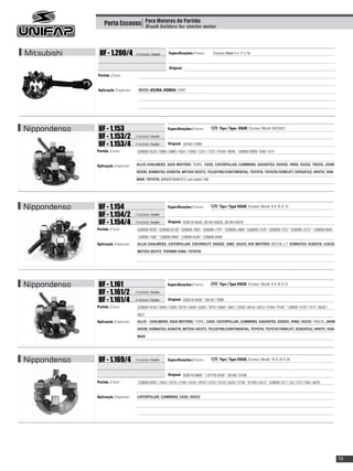 Porta Escovas Para Motores de Partida motor
                                 Brush holders for starter




Mitsubishi     UF - 1.200/4              4 escovas / brushes   Especificações / Features:     Escova / Brush: 5 x 17 x 16


                                                                      :
                                                               Original
              Partida / Starter:


              Aplicação / Application:     ISUZU, ACURA, HONDA: CIVIC




Nippondenso    UF - 1.153                                      Especificações / Features:   12V, Tipo / Type OSGR, Escova / Brush: 8X25X21
               UF - 1.153/2              2 escovas / brushes

               UF - 1.153/4              4 escovas / brushes          :
                                                               Original 28140-77090
              Partida / Starter:          028000-5520 / 5880 / 6880 / 6561 / 5560 / 7221 / 7231 / 9160 / 9040 . 128000-5090/ 1560 / 4111


              Aplicação / Application:   ALLIS-CHALMERS, ASIA MOTORS: TOPIC, CASE, CATERPILLAR, CUMMINS, DAIHATSU, DODGE, HINO, ISUZU, TRUCK, JOHN
                                         DEERE, KOMATSU, KUBOTA, MITSUI-DEUTZ, TELEDYNE/CONTINENTAL, TOYOTA, TOYOTA FORKLIFT, VERSATILE, WHITE, YAN-
                                         MAR, TOYOTA: BANDEIRANTES com motor 14B




Nippondenso    UF - 1.154                                      Especificações / Features:   12V, Tipo / Type OSGR, Escova / Brush: 8 X 25 X 15
               UF - 1.154/2              2 escovas / brushes

               UF - 1.154/4              4 escovas / brushes          :
                                                               Original 028510-0640, 28140-50020, 28140-54070
              Partida / Starter:          028000-9030 * 028000-8130 * 028000-7001 * 028000-7791 * 028000-2880 * 028000-7370 * 028000-7372 * 028000-7373 * 128000-0040
                                          128000-1180 * 128000-0960 * 228000-0240 * 228000-0400
              Aplicação / Application:    ALLIS-CHALMERS; CATERPILLAR; CHEVROLET; DODGE; GMC; ISUZU; KIA MOTORS: BESTA 2.7; KOMATSU; KUBOTA; LEXUS;
                                          MITSUI-DEUTZ; THERMO KING; TOYOTA




Nippondenso    UF - 1.161                                      Especificações / Features:   24V, Tipo / Type OSGR, Escova / Brush: 8 X 25 X 21
               UF - 1.161/2              2 escovas / brushes

               UF - 1.161/4              4 escovas / brushes          :
                                                               Original 028510-0500 * 28140-77090
              Partida / Starter:          028000-5530 / 5690 / 5300 / 5570 / 6460 / 6200 / 7810 / 5860 / 5861 / 5550 / 6010 / 6012 / 9760 / 9140 * 128000-1570 / 1571 / 8620 /
                                          8621
              Aplicação / Application:    ALLIS - CHALMERS, ASIA MOTORS: TOPIC, CASE, CATERPILLAR, CUMMINS, DAIHATSU, DODGE, HINO, ISUZU: TRUCK, JOHN
                                          DEERE, KOMATSU, KUBOTA, MITSUI-DEUTZ, TELEDYNE/CONTINENTAL, TOYOTA, TOYOTA FORKLIFT, VERSATILE, WHITE, YAN-
                                          MAR




Nippondenso    UF - 1.169/4              4 escovas / brushes   Especificações / Features:   12V, Tipo / Type OSGR, Escova / Brush: 10 X 30 X 20


                                                                      :
                                                               Original 028510-0880 * 1.81118-0430 * 28140-1310A
              Partida / Starter:          128000-0492 / 2450 / 2470 / 2740 / 4220 / 4910 / 5370 / 5510 / 5620 / 5730 * 81100-234-0 * 228000-331 / 332 / 573 / 585 / 6870


              Aplicação / Application:    CATERPILLAR, CUMMINS, CASE, ISUZU




                                                                                                                                                                                 19
 