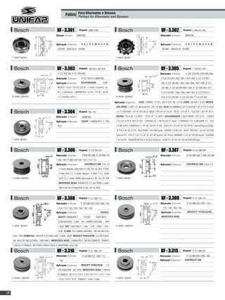 Polias Para Alternador e Dínamo Dynamo
                                                            Pulleys for Alternator and



       Bosch                                UF - 3.301                 Original: 409031095                      Bosch                                        UF - 3.302                 Original: 4 090 031 096

                                           Dínamo / Dynamo:           (WAPSA)                                                                               Alternador / Alternator:      (WAPSA)


                                           Aplicação / Application:      V O L K S W A G E N :                                                              Aplicação / Application:      V O L K S W A G E N :
                                            SEDAN ; BRASÍLIA ; KOMBI                                                                                          SEDAN ; BRASÍLIA ; KOMBI


     1 canal / groove                                                                                        1 canal / groove



       Bosch                                UF - 3.303                 Original: 404 053; 404 059;              Bosch                                        UF - 3.305                 Original: 1 126 601 524

                                             9 121 450 566; 9 121 450 940                                                                                   Alternador / Alternator:       0 120 335 010, 0120 485 046,
                                           Alternador / Alternator:      9 121 450 014 (WAPSA)                                                               0 123 310 001 / 002 / 007 / 019 / 020; 0 123 315 001 /
                                           Aplicação / Application:      VOLKSWAGEN:             CAMI-                                                       002; 0 123 320 001 / 002 / 003 / 006 / 007 / 009; 0 123
                                            NHÕES 13210 / 15210 / 22210 - c/ motor Cummins, sé-                                                              325 005; 0 123 340 001/002 / 003; 0 123 505 005 / 011;
                                            rie C Exportação; CAMINHÕES 16170 / 14170 / 16210                                                                0 123 510 001 / 006 / 008 / 009 / 054; 0 123 515 011 /
     8 canais / grooves                     - c/ Cummins série C                                             6 canais / grooves                              014; 0 123 540 001; 0 124 325 043; 0 124 325 061

                                                                                                            Aplicação / Application:   AUDI: CABRIO 1.9 TDI ; 801.9 TDI ; A6 1.9 TDI; FORD: GALAXI 1.9 TDI; MERCE-
                                                                                                             DES-BENZ: C180T 1.8, alternador KC (R) 14V 90A; SEAT: ALHAMBRA 2.0/1.9; AROSA 1.0/1.4; CITY GOLF

       Bosch                                UF - 3.304                 Original: 465 145                     1.6; CORDOBA 1.4/1.6/1.8/1.9/2.0; IBIZA 1.9/1.8/1.6/1.4/2.0 ; INCA 1.4/1.6/1.9 ; TOLEDO 2.0/1.9/1.8/1.6;

                                           Alternador / Alternator:       (WAPSA)                            SKODA: FELICIA 1.6 MPFI ; PICK-UP 1.6 MPFI; VOLKSWAGEN: CALIFORNIA 1.9/2.5/2.0 ; CADDY

                                           Aplicação / Application:      VOLVO: CAMINHÕES E ÔNI-             1.4/1.6/1.6 PICK-UP/1.9 SDI ; CARAVELLE 1.9/2.5/2.0/1.9 Turbo ; CORRADO 2.0; EUROVAN 2.5 ; GOL

                                            BUS                                                              1.0 Mi; GOLF CABRIOLET 1.9/1.8/1.6/2.0/1.9 TDI ; GOLF III 1.4/1.6/1.8/1.9/2.0/TDI / Variant/Syncro/Turbo;
                                                                                                             JETTA 1.8/1.9/2.0 TDI ; MULTIVAN 1.9/2.0/D/Turbo ; PARATI 1.0 Mi 16V - 96/97; PASSAT 1.6/1.8/1.9/2.0/D/
                                                                                                             Syncro/TDI ; POLO 1.0/1.3/1.4/1.6/1.8/1.9/Classic/1.05; POLO VARIANT 1.4/1.6/1.9/TDI/Classic; SHARAN
     1 canal / groove                                                                                        1.9/2.0/TDI ; TRANSPORTER 1.9/2.0/2.5/Syncro ; VENTO 1.4/1.6/1.8/1.9/2.0/SDI/TDI/Turbo



       Bosch                                UF - 3.306                 Original: 9 123 080 070                  Bosch                                        UF - 3.307                 Original: 9 123 080 009

                                           Alternador / Alternator:       9 000 083 068; 9 120 080 212                                                      Alternador / Alternator:       9 120 080 500; F 000 LD0 500
                                           / 226 / 230 / F 000 LD0 100 / 102 / 114 / 115
                                           Aplicação / Application:         CHEVROLET-GM: S10 2.5                                                           Aplicação / Application:       CHEVROLET-GM: Corsa 1.0
                                             c/ motor Maxion, alternador K1 (R) 14V 30, 85A; FORD:
                                             F1000 HSD 2.5 c/ motor Maxion ; F1000 T 4.0 ; RAN-
     7 canais / grooves                      GER 2.5 c/ motor MWM alternador K1 (R) 14V 28 70A;              1 canal / groove

                                             MERCEDES-BENZ: SPRINTER 2.5, ano 09/96 c/ motor
                                             OM 014A, ALTERNADOR K1(R) 14V 30, 85A



       Bosch                                UF - 3.308                 Original: 9 121 080 137                  Bosch                                        UF - 3.309                 Original: 9 121 080 151

                                           Alternador / Alternator:      9 120 080 020 / 058 / 084 / 101                                                    Alternador / Alternator:       9 120 080 022 / 091 / 102 /
                                            / 104 / 112 / 126 / 159 / 166 / 181 / 183                                                                          119 / 140 / 160 / 183
                                           Aplicação / Application:                           AGRALE-                                                        Aplicação / Application:       MASSEY-FERGUSON,

                                             DEUTZ:CAMINHÕES - TX1600 ; TRATORES -                                                                           MERCEDES-BENZ

                                             4200/440/4400; CASE: PÁ CARREGADEIRA - W18
     1 canal / groove                        / W20; CBT: TRATORES - 1065 / 1105 / 2080 / 2105 /              2 canais / grooves

                                             2600, CLARK: PÁ CARREGADEIRA - MICHIGAN 55A /
     65R / 75III; KOMATSU: TRATOR ESTEIRA D30E / D50A / D50P; MASSEY-FERGUSON: COLHEITADEI-
     RA; MOTOR INDUSTRIAL; TRATORES; MERCEDES-BENZ: CAMINHÕES; MICRO-ÔNIBUS; ÔNIBUS;
     CHASSI P/ ÔNIBUS; MOTORES INDUSTRIAL E MARÍTIMO Série OM

       Bosch                                UF - 3.310                 Original: 9 121 080 179                 Bosch                                         UF - 3.315                 Original: 9 121 080 897

                                           Alternador / Alternator:       9 120 080 031 / 083 / 113                                                         Alternador / Alternator:       9 120 080 096 / 098 / 169
                                             / 182                                                                                                          Aplicação / Application:     CHEVROLET-GM

                                           Aplicação / Application:      MASSEY-FERGUSON:             CO-
                                            LHEITADEIRA - MF 5650; MERCEDES-BENZ: CHASSI
                                            P/ ÔNIBUS -OF1113 / 1313 / 1316; OH 1113 / 1313 / 1316
     2 canais / grooves                                                                                      1 canal / groove
                                            / 1318 / 1419 / 1517 ; ÔNIBUS - O364 / O365




28
 