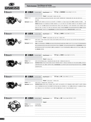 Porta Escovas Para Motores de Partida motor
                                Brush holders for starter



    Bosch    UF - 1.116/4              4 escovas / brushes    Especificações / Features:     12V, Tipo / Type DW/DM/DA - Escova / Brush: 5 x 12 x 11,6


                                                                     :
                                                              Original 1 004 336 809 * F 000 AL1 055 / 283
            Partida / Starter:          0 001 107 027 / 028 / 044 / 059 / 063 / 076 / 082 * 0 001 113 009 * 9 000 081 003 * F 000 AL0 003 / 301 / 302 / 304 / 309 / 310 /
                                        314 / 400
            Aplicação / Application:    FORD: ESCORT / ORION 1.6I 16V / KA 1.3I / ESCORT 1.3 / TURNIER / 1.4 / Cabrio / Express 55/75, OPEL: CALIBRA 2.0I TURBO,                   CI-
                                        TROËN: BERLINGO 1.8I / EVASION 2.0I TURBO / XANTIA 1.6 / 1.8 / 2.0I / XM 2.0I / 16V TURBO / XSARA 1.8I / 16V / BREACK / COUPE
                                        / 2.0 / 16V / ZX / 1.8I, FIAT: DUCATO 10/13/14/18/ULYSSE / PALIO 1.0 8V / UNO MILLE 1.0 SPI / WEEKEND 1.0 8V / STRADA 1.0 8V /
                                        DOBLO EX FIRE 1.3I / PALIO 1.0/1.3 MPI 16V / WEEKEND / SIENA / STRADA, PEUGEOT: 205/306/405/605/PARTNER, VOLVO: S40/V40,
                                        CHEVROLET-GM: CORSA/CELTA, VOLKSWAGEN: GOL/PARATI/SAVEIRO/VOYAGE, MERCEDES BENZ: CLASSE A 160



    Bosch    UF - 1.117/4              4 escovas / brushes    Especificações / Features:     12V, Tipo / Type DW/DB - Escova / Brush: 5 x 12 x 11,6


                                                                     :
                                                              Original 1 004 336 801 / 821 / 827 / 951 * F 000 AL1 051
            Partida / Starter:          0 001 106 015 * 0 001 107 003 / 0 001 107 007 ( 0 001 108 094) / 0 001 107 016 / 019 / 020 / 021 / 022 / 039 / 054 / 063 / 066 / 068 / 091 *
                                        0 001 121 008 / 009
            Aplicação / Application:    FORD: ESCORT/MONDEO, CITROËN: BERLINGO/EVASION/XANTIA/XM/XSARA, FIAT: DUCATO 10/13/14/18/ULYSSE/BRAVA/MAREA/
                                        WEEKEND/BRAVO/DOBLO/PALIO/WEEKEND/SIENA/STRADA, PEUGEOT: 205/306/405/605/806/PARTNER, VOLKSWAGEN: PASSAT
                                        IMPORTADO/GOLF/BEETLE/GOL/PARATI, SEAT: ALHAMBRA/CITY GOLF/CORDOBA/IBIZA, AUDI: AUDI A3/TT/COUPE, OPEL: COR-
                                        SA, NISSAN: SENTRA




    Bosch    UF - 1.118/4              4 escovas / brushes    Especificações / Features:     12V, Tipo / Type DW/DB - Escova / Brush: 5 x 12 x 11,6


                                                                     :
                                                              Original F 000 AL1 053
            Partida / Starter:          0 001 107 015 (9 000 081 004) * 9 000 081 005 / 006 / 007 / 008 * F 000 AL0 104 / 502 / 102
            Aplicação / Application:    CHEVROLET-GM: ASTRA / ASTRA SEDAN / BLAZER / IPANEMA / KADETT / OMEGA / SUPREMA / VECTRA /ZAFIRA, OPEL: ASTRA/CA-
                                        LIBRA/OMEGA/VECTRA, FIAT: TEMPRA/TURBO, VOLKSWAGEN: GOL/PARATI/QUANTUN/SANTANA/SAVEIRO/VOYAGE, CITROËN:
                                        XSARA/PICASSO




    Bosch    UF - 1.119/4              4 escovas / brushes    Especificações / Features:     12V, Tipo / Type DW - Escova / Brush: 5 x 12 x 11,6


                                                                     :
                                                              Original 1 004 336 957 * F 000 AL1 052
            Partida / Starter:          0 001 107 015 * F 000 AL0 100 * 0 001 107 045
            Aplicação / Application:    CHEVROLET-GM: ASTRA 1.8/2.0/ i / SEDAN/ 1.8/2.0/ i / MPFI / 16V; BLAZER 2.2 EFI / IPANEMA 2.0 MPFI / KADETT 2.0 MPFI / OMEGA
                                        2.0/2.2i; SUPREMA 2.0/2.2/3.0i / S10 EFI/MPFI / VECTRA 2.0/Gsi 16V / ZAFIRA 2.0 / i / 16V ; OPEL: ASTRA 2.0i / CALIBRA 2.0i Turbo /
                                        16V / OMEGA 1.8 / 2.0 / i / VECTRA 2.0 i / 16V / 2000 / 4X4; FIAT: PALIO 1.6 16V / PALIO WEEKEND 1.6 16V




    Bosch    UF - 1.124/4              4 escovas / brushes    Especificações / Features:     24V, Tipo / Type EMT - Escova / Brush: 8,8x19x22 - 213/13


                                                              Original:
            Partida / Starter:          9 135 081 000
            Aplicação / Application:    EMPILHADEIRA




4
 