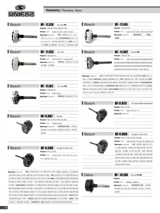 Planetárias / Planetary Gears



        Bosch                                     UF - 11.128               Tipo / Type: DW                        Bosch                                          UF - 11.145
                                                 Original: 1 006 200 128 (F 000 AL0 128)                                                                         Original: 1 006 200 145

                                                 Partida / Starter:   00 001 107 007 * 0 001 107 020                                                             Partida / Starter:   0 001 107 037 / 048 * 0 001 108 157/169
                                                 Aplicação / Application:     FIAT: TEMPRA 2.0 i.e. S.W. ;                                                       Aplicação / Application:        MERCEDES                   BENZ,
                                                  TIPO 1.8 / 2.0 / i.e. / 16V, VOLKSWAGEN: GOLF 1.8 /                                                             BMW
                                                  II 1.8 E III 1.8 ; PASSAT (IMPORT) 2.0, AUDI: A3 1.8 /
                                                  1.8T, SEAT: ALHAMBRA ; CITY GOLF ; CORDOBA ; IBIZA



        Bosch                                     UF - 11.153                Tipo / Type:                          Bosch                                          UF - 11.307               Tipo/Type: DW

                                                 Original: 1 006 200 153                                                                                         Original: 1 005 821 307
                                                 Partida / Starter:   0 001 107 075 – 12v Bosch 183                                                              Partida / Starter:   0 001 108 013/021/022/023/026/027/030
                                                 Aplicação / Application:     TOYOTA: COROLLA 1.8i 16V                                                           /031/032/035/037/038/040/045/046/051/053/056/061/066/0
                                                  08.1998 → 06.2002                                                                                              68/069/070/072/073/076//077/081/084/091/093/094/095/10
                                                                                                                                                                 3/104/105/135/137/144/151/154/159 * 0 001 109 040


                                                                                                                Aplicação / Application:   ALFA: 156 BERLINA / SPORT WAGON / ALFA 164 / 166 /SPIDER AUDI: 100 1.6 /
                                                                                                                 200 2.2 TURBO CHRYSLER: GRAND CARAVAN 3.0I LE FIAT: TEMPRA 2.0IE / TIPO 1.8/2.0/IE/16V JEEP:
                                                                                                                 CHEROKEE 2.5I ROVER: LAND ROVER DEFENDER / DISCOVERY / RANGE ROVER I/II VOLKSWAGEN:

        Bosch                                     UF - 11.161                Tipo / Type: DW                     GOLF 1.8 / II 1.8 / PASSAT (IMP.) 2.0 CHEVROLET-GM: OMEGA 3.0I / 4.1I / SUPREMA 3.0I/4.1I / C20 OPEL:

                                                 Original: 1 006 200 161                                         OMEGA 2.4I/2.6I/3.0I / EVOLUT 500/3.6 ALFA ROMEO: ALFA 156 2.5 24V / SW / 164 2.5 / 3.0 TD / IE / V6

                                                 Partida / Starter:   0 001 106 017                              12/24V / 166 3.0 / V6 24V / SPIDER 3.0 V6 12V

                                                 Aplicação / Application:     RENAULT: LAGUNA 2.0 I 16V



                                                                                                                   Bosch                                          UF-11.073                  Tipo / Type:Anti-horário / Counter clockwise

                                                                                                                                                                 Original: 9 001 337 073
                                                                                                                                                                 Partida / Starter:   0 001 218 116 / 117.
                                                                                                                                                                 Aplicação / Application:
        Bosch                                     UF-11.067                 Tipo/Type:
                                                 Original: 9 001 337 067 (9 001 336 285)

                                                 Partida / Starter:   9 000 331 406
                                                 Aplicação / Application:     CHEVROLET-GM:           ASTRA;
                                                  BLAZER; S10; VECTRA - II(SOHC) 1.8/2.0/2.2 - 8V ATÉ
                                                  03/2001
                                                                                                                   Bosch                                          UF-11.056                  Tipo/Type:EV 12volts 2,20 kw
                                                                                                                                                                 Original: 9 001 337 056 ( 9 003 336 268)

                                                                                                                                                                 Partida / Starter:   0 001 218 108 / 137/ 165/ 722, 9 000 331 419
                                                                                                                                                                 Aplicação / Application:      MBB: CLASSE S600 SEC V12

        Bosch                                     UF-11.590                 Tipo/Type:EV 12volts 2,20 kw                                                           / S 600 (MOTOR 120-982) 09.1996>08.1999, 600 SEL

                                                 Original: 9 001 337 059                                                                                           (MOTOR 120.980) 04.1991>05.1993, S600 (MOTOR

                                                 Partida / Starter:   0 001 218 011 / 122 / 159 / 171 / 174 /                                                      120.980) 06.1993>09.1995. SÉRIE MB 100D (MOTOR

                                                 177 , 9 000 331 432 / 433.                                                                                        OM 616.963) 09.1991>01.1996, MB 180D (MOTOR 616)
                                                                                                                                                                   04.1994>. SSANG YONG: MUSSO 2.9 DIESEL (MOTOR
                                                                                                                                                                   OM 662 D29) 07.1993>.



     Aplicação / Application:   OPEL: FRONTERA 2.3 TD (MOTOR 23 DTR TURBO), OMEGA 2.3 TD (MOTOR
      23DTR) 09.1988 >03.1994 , (MOTOR 23YDT) 09.1986>08.1988. FIAT: DUCATO 10 2.5 D (MOTOR 8140.67)               Delco                                          UF - 14.150               Tipo/Type: PG150S

      03.1994>03.1998 E TD EGR (MOTOR 8140.47) 03.1994>03.1998. MBB: 310D SPRINTER (MOTOR OM014A)                                                                Original:
      09.1996>10.1996>12.1996, 01.1997>, 312D (MOTOR OM014LA) 08.1999>, 412D (MOTOR OM014LA)                                                                     Partida / Starter:   9000846 * 9000794
      10.1999>. LAND ROVER: DEFENDER 2.5 TURBO DIESEL (MOTOR GEMINI TCI DI 23L) 08.1990>12.2001,                                                                 Aplicação / Application:     CHEVROLET-GM:               ASTRA;
      (MOTOR MAXION HS4TCC) 08.1998>. DISCOVERY 2.5 TDI (MOTOR 12L / 21L) 09.1989>09.1994, (MOTOR                                                                 BLAZER; S10; VECTRA - II(SOHC) 1.8/2.0/2.2 - 8V ATÉ
      19L) 10.1993>12.1998. RANGE ROVER I 2.5 TDI CLASSIC (MOTOR 14L) 10.1992>09.1994, (MOTOR 300                                                                 03/2001
      TDI 10.1994>04.1996). RANGE ROVER II 2.5 DT/DSE (MOTOR M51-D25) 09.1994>09.2002. IVECO: DAILY
      10 (MOTOR 8140) 11.1997>. DODGE: DAKOTA 2.5D (MOTOR MAGNUM 2.5 L-4) 10.1998> FORD: F-1000
      10.1995>, F-1000 HSD 10.1995> CHEVROLET –GM: BLAZER 2.5 DIESEL (MOTOR 4A) 08.1997>


42
 