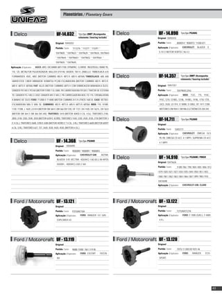 Planetárias / Planetary Gears



   Delco                                        UF-14.032                 Tipo/Type: 28MT (Acompanha       Delco               UF - 14.890               Tipo/Type: PG260G
                                                                          rolamento / bearing include)                        Original: 10492410

                                              Original: 10455032                                                              Partida / Starter:    8000014 * 9000973 * 9 000 871

                                               Partida / Starter:   1113276 * 113277 * 113291 *                               Aplicação / Application:    CHEVROLET:         BLAZER     E

                                               10479605 * 10479623 * 10479629 * 10479634, 10479643                             S-10 C/ MOTOR VORTEC V6 4.3

                                               * 10479644 * 104796651 * 10479652 * 10479564 *
                                               10479655 * 10479645.

Aplicação / Application:   AGCO: ARG. DICUMAR 6BT-F700. DYNAPAC. G-DRIVE. INGERSOLL RAND 95,
 110, 125. METALFOR PULVERIZADOR. MULLER DTV140, SKIDER, TM-14. ZANELLO. TIMBERJACK 610
 FORWARDER, 450C, 480C (MOTOR CUMMINS 4B3.9, 4BT3.9, 6B5.9, 6BTAA) TIMBERJACK: 608, 608                    Delco               UF-14.357                 Tipo/Type: 28MT (Acompanha
                                                                                                                                                         rolamento / bearing include)
 HARVESTER. CIBER VIBRADOR. KOMATSU PC200 ESCAVADEIRA (MOTOR CUMMINS 4B3.9, 4BT3.9,
 6B5.9, 6BT5.9, 6BTAA) FIAT: ALLIS (MOTOR CUMMINS 6BT5.9 COM EMBREAGEM BANHADA A óLEO,                                        Original: 10457357
 GRADER PG140 E PG160 (MOTOR FORD 7.5L GMA, PÁ CARREFADEIRA FR128 E TRATOR DE ESTEIRA                                         Partida / Starter:    10479650 (24v)
 7D, GRADER FG-1402.2.CASE GRADER 845 E 845.2, PÁ CARREGADEIRA W20, FD 170, CREMALHEIRA                                       Aplicação / Application:     MBB: 712C, 715, 914C,
 A BANHO DE óLEO FORD: F12000 E F14000 (MOTOR CUMMINS B 5.9 LITROS 160CV). CASE: RETRO-                                         915C, 1215, 1218EL, 1218L, 1418EL, 1418L, 1718, 1725,
 ESCAVADEIRA 580L E 580L SE. CUMMINS: 4B3.9, 4BT3.9, 6B5.9, 6BT5.9, 6BTAA. MBB: 710, 1418R,                                     2423, 2428, LO 914, O 500M, O 500U, OF 1417 COM
 1720, 1720K, L 1620, LO 814 (MOTOR OM 364 E OM 366 EM 12V), OF 1721, OH 1420, OH 1621L, OH 1623                                MOTORES OM 904 E OM 906 ELETRÔNICOS EM 24V.
 (MOTOR OM 364 E OM 366 EM 24V). TRATORES: 5410 (MOTOR 4045D 4 CIL. 4,5L). TRATORES 2140,
 2850, 3140, 3350, 3540, 3550 (MOTOR 6359 E 4239D). TRATORES 1420, 2330, 2420, 2530, 2730 (MOTOR 3
                                                                                                           Delco               UF-14.711                 Tipo/Type: PG260D
 E 4 CIL.). TRATORES 5600, 5700 E 6300 (MOTOR 4039D E T 4 CIL. 3,9L). TRATORES 6600 (MOTOR 6059T
                                                                                                                              Original:
 6 CIL. 5,9L). TRATORES 627, 727, 3420, 3530, 4420, 4530, (MOTOR 6 CIL.)
                                                                                                                              Partida / Starter:   10455711
                                                                                                                              Aplicação / Application:     CHEVROLET: OMEGA GLS
                                                                                                                               95>98, OMEGA CD 6CC 4.1 MPFI, SUPREMA CD 6CC
   Delco                                       UF - 14.368                Tipo/Type: PG260D
                                                                                                                               4.1 MPFI
                                              Original: 10504495
                                              Partida / Starter:    9000890 * 9000891 * 9000893
                                                                            CHEVROLET-GM:         ASTRA;
                                                                                                                               UF - 14.910
                                              Aplicação / Application:
                                                BLAZER; S10; VECTRA - II(SOHC) 1.8/2.0/2.2 8V APóS
                                                                                                           Delco                                         Tipo/Type: PG260M / PMGR

                                                                                                                              Original: 10475626
                                                03/2001, - II(DOHC) 2.0/2.2 16V
                                                                                                                              Partida / Starter:     9 000 786 / 798 / 804 / 805 / 806 / 812
                                                                                                                              / 819 / 820 / 821 / 827 / 834 / 835 / 844 / 850 / 851 / 853
                                                                                                                              / 860 / 861 / 862 / 863 / 864 / 866 / 867 / 899 / 900 / 910;
                                                                                                                              10476598
                                                                                                                              Aplicação / Application:     CHEVROLET-GM, CLARK




   Ford / Motorcraft UF - 13.121                                                                           Ford / Motorcraft UF - 13.122
                                              Original:                                                                       Original:

                                              Partida / Starter:    F07UAA716A                                                Partida / Starter:     F2TUAA7C27A
                                              Aplicação / Application:      FORD: RANGER 4.0 GAS. ,                           Aplicação / Application:     FORD: F-1000 (GAS.), F-4000
                                                EXPLORER 4.0                                                                   4.9 L.




   Ford / Motorcraft UF - 13.119                                                                           Ford / Motorcraft UF - 13.120
                                              Original:                                                                       Original:

                                              Partida / Starter:    96BB 11000 * AA 7.119 BI                                  Partida / Starter:     F8TU-11.000 DD 9251-AI
                                              Aplicação / Application:      FORD: ESCORT ; FIESTA ;                           Aplicação / Application:     FORD:      RANGER,         ECO-
                                                KA                                                                             SPORT.




                                                                                                                                                                                               43
 