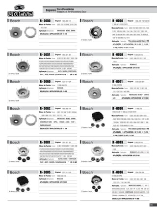 Reparos Para Planetárias
                                       Repair kit for Planetary Gear



  Bosch              R - 0055                  Original: 1 006 200 145               Bosch              R - 0056                  Original: 1 006 200 110/123/128

                    Motor de Partida / Starter: 0 001 107 037/048 * 0 001 108                          * F 000 AL1 015/017/019
                      157 / 169                                                                        Motor de Partida / Starter: 0 001 107 007 / 009 / 015 / 020
                    Aplicação / Application:      MERCEDES BENZ, BMW,                                   0 001 108 026 / 048 / 136 / 146 / 154 / 159 * 0 001 109
                     APLICAÇÃO / APPLICATION: UF-11.145                                                 040 * 9 000 081 001 / 005 / 006 / 007 / 008 * F 000 AL0
                                                                                                        100 * F 005 M00 012 / 014
                                                                                   37 dentes / teeth
                                                                                                       Aplicação / Application:      Para motores partida Bosch - DW,
                                                                                                        APLICAÇÃO / APPLICATION: UF-11.010 / 11.015 /
                                                                                                        11.018 / 11.019 / 11.037 / 11.128



  Bosch              R - 0057                  Original: 1 005 821 307               Bosch              R - 0058                  Original: 1 006 200 161

                    Motor de Partida / Starter:   0 001 107 003 /007 * 0 001 108                       Motor de Partida / Starter:     0 001 106 012 / 017 / 022
                    013/021/022/023/026/027/030/031/032/035/037/038/0                                    / 023
                    40/045/046/048/051/052/053/056/061/066/068/069/07                                                                  RENAULT,
                                                                                                       Aplicação / Application:
                    0/072/073/076/077/081/084/091/092/093/094/095/103/
                    104/105/135/137/144/151/154/159 * 0 001 109 040                                     APLICAÇÃO / APPLICATION: UF-11.161

                    Aplicação / Application:        ALFA / AUDI / CHRYSLER /
37 dentes / teeth    FIAT / JEEP / ROVER / VOLKSWAGEM *              UF-11.307     36 dentes / teeth



  Bosch              R - 0060                  Original: 2 337 1F4 029               Bosch              R - 0061                  Original:    1 006 200 059

                    Motor de Partida / Starter:   9 008 046 015                                        (1 006 200 098)
                    Aplicação / Application:      NISSAN,                                              Motor de Partida / Starter:     0 001 107 403 * 0 001 108
                     APLICAÇÃO / APPLICATION: UF-11.029                                                 123 / 124 / 134 / 160 / 995
                                                                                                       Aplicação / Application:       MERCEDES-BENZ * CHRYS-
                                                                                                        LER            APLICAÇÃO / APPLICATION: UF-11.059
36 dentes / teeth



  Bosch              R - 0062                  Original: 1 006 200 104               Bosch              R - 0080                  Original:    1 006 200
                    Motor de Partida / Starter: 0 001 107 048 * 0 001 108 064                           110/123/128 * F 000 AL1 015/017/019
                       / 080 / 088 / 101 / 102 / 113 / 121 / 143                                       Motor de Partida / Starter:     0 001 107 007 / 009 / 015 /
                    Aplicação / Application:      MERCEDES-BENZ; BMW;                                    020 * 0 001 108 026 / 048 / 136 / 146 / 154 / 159 * 0 001
                     CHEVROLET-GM;          OPEL;    VOLVO; AUDI;        FIAT ;                          109 040 * 9 000 081 001 / 005 / 006 / 007 / 008 * F 000
                     FORD;RENAULT.                                                                       AL0 100 * F 005 M00 012 / 014
                                                                                   37 dentes / teeth
                     APLICAÇÃO / APPLICATION: UF-11.104                                                Aplicação / Application:      Para motores partida Bosch - DW,
                                                                                                        APLICAÇÃO / APPLICATION: UF-11.010 / 11.015 /
                                                                                                        11.018 / 11.019 / 11.037 / 11.128



  Bosch              R - 0081                  Original: 1 005 821 307               Bosch              R - 0083                  Original: 1 006 200 161

                    Motor de Partida / Starter:   0 001 107 003/007 * 0 001 108                        Motor de Partida / Starter:     0 001 106 012 / 017 / 022
                    013/021/022/023/026/027/030/031/032/035/037/038/0                                   / 023
                    40/045/046/048/051/052/053/056/061/066/068/069/07                                                                  RENAULT: LAGUNA 2.0 i 16V;
                                                                                                       Aplicação / Application:
                    0/072/073/076/077/081/084/091/092/093/094/095/103/
                    104/105/135/137/144/151/154/159 * 0 001 109 040                                     APLICAÇÃO / APPLICATION: UF-11.161

                    Aplicação / Application:        ALFA / AUDI / CHRYSLER /
37 dentes / teeth    FIAT / JEEP / ROVER / VOLKSWAGEM *              UF-11.307     36 dentes / teeth




  Bosch              R - 0085                  Original: 2 337 1F4 029               Bosch              R - 0086                  Original: 1 006 200 059

                    Motor de Partida / Starter: 9 008 046 015                                          (1 006 200 098)
                    Aplicação / Application:      NISSAN                                               Motor de Partida / Starter:     0 001 107 403, 0 001 108
                     APLICAÇÃO / APPLICATION: UF-11.029                                                  123 / 124 / 134 / 160 / 995
                                                                                                       Aplicação / Application:      MERCEDES-BENZ: C 180/ T-
                                                                                                       Modell/200/220/230; CLK 230 K.P; E 230; ML 230 SLK
36 dentes / teeth                                                                  37 dentes / teeth   230 K.R; 124-200E; CHRYSLER: DODGE DAKOTA 2.5 D;
                                                                                                       GRAND CARAVAN 2.5 ; VOYAGER 2.5/3.3 / 3.6
                                                                                                       APLICAÇÃO / APPLICATION: UF-11.059


                                                                                                                                                                        45
 