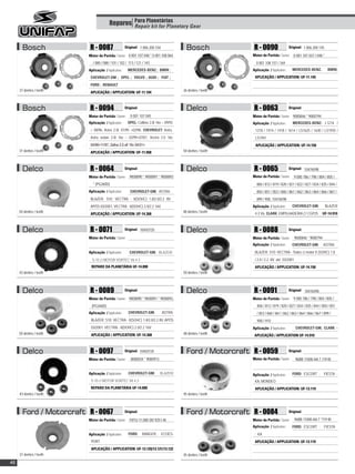 Reparos Para Planetárias
                                                 Repair kit for Planetary Gear



       Bosch               R - 0087                  Original: 1 006 200 104               Bosch              R - 0090                  Original: 1 006 200 145

                          Motor de Partida / Starter: 0 001 107 048 * 0 001 108 064                          Motor de Partida / Starter:   0 001 107 037 / 048 *
                             / 080 / 088 / 101 / 102 / 113 / 121 / 143                                         0 001 108 157 / 169
                          Aplicação / Application:      MERCEDES-BENZ ; BMW ;                                Aplicação / Application:      MERCEDES-BENZ,           BMW,
                           CHEVROLET-GM ; OPEL ; VOLVO ; AUDI ; FIAT ;                                        APLICAÇÃO / APPLICATION: UF-11.145
                           FORD ; RENAULT
     37 dentes / teeth                                                                   36 dentes / teeth
                           APLICAÇÃO / APPLICATION: UF-11.104



       Bosch               R - 0094                  Original:                             Delco              R - 0063                  Original:

                          Motor de Partida / Starter:    0 001 107 045                                       Motor de Partida / Starter: 9000846 * 9000794
                          Aplicação / Application:      OPEL: Calibra 2.0i 16v – 09/93                       Aplicação / Application:      MERCEDES-BENZ: L1214 /
                           > 08/96, Astra 2.0i, 01/95 >02/98, CHEVROLET: Astra,                               1218 / 1414 / 1418 / 1614 / LS1625 / 1630 / LS1935 /
                           Astra sedan 2.0i 16v – 02/99>07/01, Vectra 2.0 16v                                 LS1941
                           04/96>11/97, Zafira 2.0 sfi 16v 04/01>.                                            APLICAÇÃO / APPLICATION: UF-14.150
     37 dentes / teeth     APLICAÇÃO / APPLICATION: UF-11.058                            50 dentes / teeth



       Delco               R - 0064                  Original:                             Delco              R - 0065                  Original: 10476598

                          Motor de Partida / Starter:    9000890 * 9000891 * 9000893                         Motor de Partida / Starter:   9 000 786 / 798 / 804 / 805 /
                             * (PG260D)                                                                        806 / 812 / 819 / 820 / 821 / 822 / 827 / 834 / 835 / 844 /
                          Aplicação / Application:       CHEVROLET-GM: ASTRA;                                  850 / 851 / 853 / 860 / 861 / 862 / 863 / 864 / 866 / 867 /
                           BLAZER; S10; VECTRA - II(SOHC) 1.8/2.0/2.2 8V                                       899 / 900, 10476598
                           APóS 03/2001, VECTRA - II(DOHC) 2.0/2.2 16V,                                      Aplicação / Application:      CHEVROLET-GM:           BLAZER
     50 dentes / teeth                                                                   48 dentes / teeth    4.3 V6, CLARK: EMPILHADEIRA C/ CGP25              UF-14.910
                           APLICAÇÃO / APPLICATION: UF-14.368



       Delco               R - 0071                  Original: 10450720                    Delco              R - 0088                  Original:

                          Motor de Partida / Starter:                                                        Motor de Partida / Starter:    9000846 * 9000794
                                                                                                             Aplicação / Application:      CHEVROLET-GM:         ASTRA;
                          Aplicação / Application:       CHEVROLET-GM: BLAZER/                                BLAZER; S10; VECTRA - Todos c/ motor II (SOHC) 1.8
                            S-10 c/ MOTOR VORTEC V6 4.3                                                       / 2.0 / 2.2 8V até 03/2001
                           REPARO DA PLANETÁRIA UF-14.890                                                     APLICAÇÃO / APPLICATION: UF-14.150
     43 dentes / teeth                                                                   50 dentes / teeth



       Delco               R - 0089                  Original:                             Delco              R - 0091                  Original: 10476598

                          Motor de Partida / Starter: 9000890 * 9000891 * 9000893,                           Motor de Partida / Starter:   9 000 786 / 798 / 804 / 805 /
                            (PG260D)                                                                            806 / 812 / 819 / 820 / 827 / 834 / 835 / 844 / 850 / 851
                          Aplicação / Application:      CHEVROLET-GM:          ASTRA;                           / 853 / 860 / 861 / 862 / 863 / 864 / 866 / 867 / 899 /
                           BLAZER; S10; VECTRA - II(SOHC) 1.8/2.0/2.2 8V, APóS                                  900 / 910
                           03/2001; VECTRA - II(DOHC) 2.0/2.2 16V                                            Aplicação / Application:       CHEVROLET-GM, CLARK -
     50 dentes / teeth     APLICAÇÃO / APPLICATION: UF-14.368                            48 dentes / teeth    APLICAÇÃO / APPLICATION UF-14.910



       Delco               R - 0097                  Original: 10450720                    Ford / Motorcraft R - 0059                   Original:

                          Motor de Partida / Starter:     8000034 * 9000973                                  Motor de Partida / Starter:    96BB 11000-AA 7.119 BI


                          Aplicação / Application:      CHEVROLET-GM:         BLAZER/                        Aplicação / Application:      FORD: ESCORT ; FIESTA ;
                           S-10 c/ MOTOR VORTEC V6 4.3                                                        KA, MONDEO
                           REPARO DA PLANETÁRIA UF-14.890                                                     APLICAÇÃO / APPLICATION: UF-13.119
     43 dentes / teeth                                                                   45 dentes / teeth



       Ford / Motorcraft R - 0067                    Original:                             Ford / Motorcraft R - 0084                   Original:

                          Motor de Partida / Starter:    F8TU-11.000 DD 9251-AI                              Motor de Partida / Starter:    96BB 11000-AA 7 *119 BI
                                                                                                             Aplicação / Application:      FORD: ESCORT ;         FIESTA
                          Aplicação / Application:      FORD:    RANGER,       ECOES-                         ; KA
                           PORT.                                                                              APLICAÇÃO / APPLICATION: UF-13.119
                           APLICAÇÃO / APPLICATION: UF-13.120/13.121/13.122
     37 dentes / teeth                                                                   45 dentes / teeth

46
 