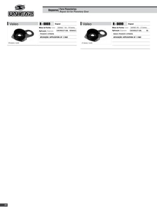 Reparos Para Planetárias
                                                Repair kit for Planetary Gear




       Valeo              R - 0069                  Original:                        Valeo               R - 0099                  Original:

                         Motor de Partida / Starter:    D6RA65 * 165 – 59 Dentes.                       Motor de Partida / Starter:   D6RA85.185 – 37 Dentes.
                         Aplicação / Application:      CHEVROLET-GM, RENAULT,                           Aplicação / Application:      CHEVROLET-GM,        RE-
                          PEUGEOT, CITROEN.                                                              NAULT, PEUGEOT, CITROEN.
                          APLICAÇÃO / APPLICATION: UF- 1.138/2                                           APLICAÇÃO / APPLICATION: UF- 1.138/2


     59 dentes / teeth                                                              37 dentes / teeth




48
 