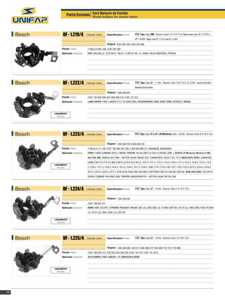 Porta Escovas Para Motores de Partida motor
                                       Brush holders for starter




     Bosch           UF - 1.219/4              4 escovas / brushes   Especificações / Features:    12V, Tipo / Type: DM - Escova / Brush: 5 X 12 X 11,6, Base maior que UF-1.217/4 e
                                                                                                   UF-1.218/4 / Bigger then UF-1.217/4 and UF-1.218/4.

                                                                     Original: 9 001 081 094, 9 001 081 068
                    Partida / Starter:          F 000 AL0 300 / 305, 9 001 081 009
                    Aplicação / Application:    FIAT: uno mille 1.0 5p 95-01, palio 1.0 mpi 8v, 96 - 01, SIENA, PALIO WEEKEND, STRADA




     Bosch           UF - 1.222/4              4 escovas / brushes   Especificações / Features:    12V, Tipo / Type: LT - 1,1 Kw - Escova / Brush: 4,5 X 10 X 13, CCW - Counter Clock Wise /
                                                                                                   Sentido Anti-horário

                                                                     Original: 1 004 336 879
                    Partida / Starter:          0 001 120 402/ 406/ 407/ 408/ 409/ 412, 0 001 121 423
                    Aplicação / Application:    LAND-ROVER: FREE LANDER ii 3.2 V6 (2008-2009), VOLKSWAGEN, AUDI, SEAT, FORD: MONDEO, SKODA



             LANÇAMENTO
               New product




     Bosch           UF - 1.223/4              4 escovas / brushes   Especificações / Features:   12V, Tipo / Type: LT e JF / JD Moderno / New - 3,0 Kw - Escova / Brush: 6 X 18 X 14,5


                                                                     Original: 1 004 336 518, 6 004 AE0 016
                    Partida / Starter:          F 000 AL0 111/ 128, 0 001 109 306/ 307/ 330, F 004 A94 008/ 011, 900008328, 9000083054
                    Aplicação / Application:    FORD: F-4000 CUMMINS 2010->, IVECO, TOYOTA: HILUX/ SW4 2.5 /2.8/ 3.0 DIESEL 2006 -). BOSCH JF Moderno/ Modern (F 000
                                                AL0 128), MB: ONIBUS/ BUS O364 – MOTOR/ ENGINE OM352/ 352ª, CAMINHÕES/ TRUCKS 1316, 1513, MERCEDES-BENZ: CAMINHÃO
                                                L608D /709 /710 /712 /LO 809 /LO812 /LO 814 /912 /914 /L 1013 /L 1111 /L 1113 /L 1114 /L 1116 /L 1117 /L 1214 /L 1218 /L 1313 /L 1314
             LANÇAMENTO
               New product                      /L 1316 /L 1317 /L 1318 /L 1418 /L 1513 /L 1516 /L 1517 /L 1518 /L 1620 /1714 /1718 /1720 /1721 /1722 /1723 /L 2013 /L 2014 /L 2016 /L
                                                2213 /L 2214 /L 2216 /L 2217 /L 2218 /2418 /O362 /365 /OM 366 C/ MOTORES OM 314 /OM 364 /OM 352, NEW HOLLAND: COLHEITA-
                                                DEIRA/ COMBINE FNH 8040, 8255, TOYOTA: BANDEIRANTES – MOTOR/ ENGINE OM 352 /364




     Bosch           UF - 1.224/4              4 escovas / brushes   Especificações / Features:    12V, Tipo / Type: LT - 1,4 Kw - Escova / Brush: 5 X 16 X 13,5


                                                                     Original: 1 004 336 530
                    Partida / Starter:          0 001 108 401/ 411
                    Aplicação / Application:    BMW, FIAT: DUCATO. CITROEN, PEUGEOT, VOLVO: S80 3.0L 2008, S80 3,2L T6 AWD 2007-08, V70 iii 3.2L, AWD 2008, XC60 T6 AWD
                                                3.2, XC70 3.2L 2008, XC90 3.2L 2007-08

             LANÇAMENTO
               New product




     Bosch           UF - 1.225/4              4 escovas / brushes   Especificações / Features:    12V, Tipo / Type: LT - 1,8 Kw - Escova / Brush: 5 X 16 X 13,5


                                                                     Original: 1 004 336 228 / 533/ 511/ 536/ 566/ 577/ 579/ 638/ 712/ 727/ 770/ 888
                    Partida / Starter:          0 001 108 202/ 217/ 218/ 222/ 223/ 224/ 230, 0 001 107 107, 0 001 151 4214
                    Aplicação / Application:    ALFA ROMEO, FIAT, LANCIA: JTD, MERCEDES-BENZ



             LANÇAMENTO
               New product




10
 