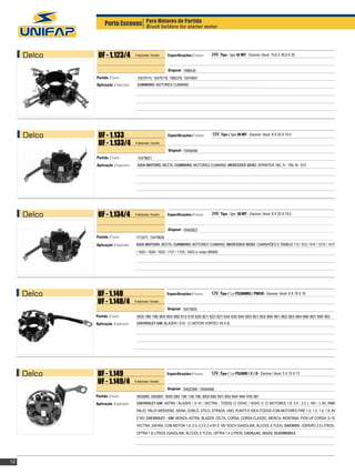 Porta Escovas Para Motores de Partida motor
                                 Brush holders for starter




     Delco    UF - 1.123/4              4 escovas / brushes   Especificações / Features:    24V, Tipo / Type: 42 MT - Escova / Brush: 10,6 X 36,6 X 25


                                                              Original: 1988439
             Partida / Starter:           10479114, 10479118, 1990378, 10478941
             Aplicação / Application:    CUMMINS: MOTORES CUMMINS		                                 	




     Delco    UF - 1.133                                       		
                                                              Especificações / Features:    12V, Tipo / Type: 28 MT - Escova / Brush: 8 X 25 X 19,5
              UF - 1.133/4              4 escovas / brushes

                                                              Original: 10456456
             Partida / Starter:           10479621
             Aplicação / Application:    ASIA MOTORS: BESTA, CUMMINS: MOTORES CUMMINS, MERCEDES-BENZ: SPRINTER 180, 7t - 709, 9t - 912		
                                         	




     Delco    UF - 1.134/4              4 escovas / brushes    		
                                                              Especificações / Features:    24V, Tipo / Type: 28 MT - Escova / Brush: 8 X 25 X 19,5


                                                              Original: 10483823
             Partida / Starter:         1113277, 10479626
             Aplicação / Application:    ASIA MOTORS: BESTA, CUMMINS: MOTORES CUMMINS, MERCEDES-BENZ: CAMINHÕES E ÔNIBUS 712 / 912 / 914 / 1215 / 1417
                                         / 1625 / 1628 / 1632 / 1721 / 1725 / 2423 c/ motor BR900	 		




     Delco    UF - 1.148                                       		
                                                              Especificações / Features:    12V, Tipo / Type PG260MQ / PMGR - Escova / Brush: 6 X 19 X 16
              UF - 1.148/4              4 escovas / brushes

                                                              Original: 10475602
             Partida / Starter:          9000 786/ 798/ 804/ 805/ 806/ 812/ 819/ 820/ 821/ 822/ 827/ 834/ 835/ 844/ 850/ 851/ 853/ 860/ 861/ 862/ 863/ 864/ 866/ 867/ 899/ 900
             Aplicação / Application:    CHEVROLET-GM: BLAZER / S10 - C/ MOTOR VORTEC V6 4.3L		                                  	




     Delco    UF - 1.149                                       		
                                                              Especificações / Features:    12V, Tipo / Type PG260B / C / D - Escova / Brush: 5 X 15 X 13
              UF - 1.149/4              4 escovas / brushes

                                                              Original: 10452368 / 10504488
             Partida / Starter:          9000890, 9000891, 8000 090/ 158/ 159/ 188, 9000 890/ 891/ 893/ 844/ 948/ 978/ 981
             Aplicação / Application:    CHEVROLET-GM: ASTRA / BLAZER / S-10 / VECTRA - TODOS C/ DOHC / SOHC II; C/ MOTORES 1.8, 2.0 , 2.2 L 16V / L 8V, FIAT:
                                         PALIO, PALIO WEEKEND, SIENA, DOBLÔ, STILO, STRADA, UNO, PUNTO E IDEA (TODOS COM MOTORES FIRE 1.0, 1.3, 1.4, 1.8, 8V
                                         E16V, CHEVROLET - GM: MONZA, ASTRA, BLAZER, CELTA, CORSA, CORSA CLASSIC, MERICA, MONTANA, PICK-UP CORSA, S-10,
                                         VECTRA, ZAFIRA, COM MOTOR 1.8, 2.0, 2.2 E 2.4 8V E 16V SOCH (GASOLINA, ÁLCOOL E FLEX), DAEWOO - ESPERO 2.0 LITROS.,
                                         OPTRA 1.8 LITROS (GASOLINA, ÁLCOOL E FLEX), OPTRA 1.4 LITROS. CADILLAC, ISUZU, OLDSMOBILE




12
 