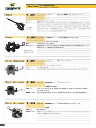 Porta Escovas Para Motores de Partida motor
                                                Brush holders for starter




     Delco                   UF - 1.228/4              4 escovas / brushes    		
                                                                             Especificações / Features:    12V, Tipo / Type: PG260F2 - 1,5 Kw - Escova / Brush: 5 X 18 X 15


                                                                             Original:
                            Partida / Starter:          9000836/ 837/ 841/ 842/ 854/ 857/ 858/ 888
                            Aplicação / Application:    BUICK: LESABRE 3.8L (97-03), PARK AVENEU 3.8L (98-01), REGAL 3.8L (98-01), CHEVROLET-GM: BLAZER/ S-10 4.3L V6 VORTEC,
                                                        CAMARO 3.8L (98-00), IMPALA (00), LUMINA 3.8L (98-99), MONTE CARLO 3.8L (98-00), SILVERADO 4.8L, 5.3L, SUBURBAN SIERRA/
                                                        YUKON XL 4.8/ 5.3L, TAHOE YUKON 4.8/5.3L, G1500, G2500 4.3L V6, S. TSERIES 4.3L V6, GMC: JIMMY, SAFARI, SIERRA 4.3L V6,
                            LANÇAMENTO
                              New product               SONOMA ISUZU: HOMBRE 4.3L V6, OLDSMOBILE: BRAVADA 4.3L V6, 88 3.8L (98-99),INTRIGUE 3.8L (98-99), PONTIAC: FIREBIRD
                                                        3.8L (98-01), GRAND PRIX 3.8L (97-00), CADILLAC, MERCURY MARINE




     Delco                   UF - 1.230/4              4 escovas / brushes    		
                                                                             Especificações / Features:    12V, Tipo / Type: SD80 - Escova / Brush: 5 X 13 X 16


                                                                             Original: 10475107 / 93740997
                            Partida / Starter:           10455503 /506 /515, 96275471, 96467385
                            Aplicação / Application:    CHEVROLET-GM: AVEO 1.6L, MATIZ, NUBIRA 97 -> 03, DAEWOO: CIELO, MATIZ, TICO, REZZO, NISSAN: SENTRA 1.6, 1.8, 2.0,
                                                        SUZUKI: WAGON R+ 1.2 4WDM SWIFT 1.6L, PONTIAC: WAVE 1.6L

                         Em desenvolvimento
                         Development process




     Ford / Motorcraft       UF - 1.108/4              4 escovas / brushes    		
                                                                             Especificações / Features:    12V - Escova / Brush: 4,6 X 16 X 14


                                                                             Original: F3RZ-11002C, F3RZ11061A/C
                            Partida / Starter:          F772-11002AA, 93BB-11000
                            Aplicação / Application:    FORD: BRONCO, EXPEDITION, EXPEDITION 6CL, EXPLORER 4.0 LV6, MONDEO, MUSTANG V6, RANGER, WINDSTAR V6




     Ford / Motorcraft       UF - 1.109/4              4 escovas / brushes    		
                                                                             Especificações / Features:    12V - Escova / Brush: 4,6 X 16 X 14


                                                                             Original: E90Z-11061A /B /C
                            Partida / Starter:          SB-331 / 335 / 337 / 348 / 353 / 356, E90F11000AA/BA, E95F11000AA/BA, F02F11000AA, F07U11000AA/BA, F0CF11000AA/BA,
                                                        F0OU11000AA, F13U11000AA
                            Aplicação / Application:    FORD: CONTOUR-4/6CL, COURIER, ESCORT 4CL, FIESTA, KA, MERCURE SABLE 6CL 3.0L, MONDEO, VAN WINDSTAR 6CL




     Ford / Motorcraft       UF - 1.137/4              4 escovas / brushes   		
                                                                             Especificações / Features:    12V, Tipo / Type: PMGR - Escova / Brush: 6 X 12,7 X 13,35


                                                                             Original:
                            Partida / Starter:          96BB-11000-AA7, 19 BI
                            Aplicação / Application:    DAEWOO: RACER, CIELO, FORD: MONDEO, KA, ESCORT, FIESTA, CONTOUR LX /SE/ SPORT, FOCUS LE /LX/ S2/ SE/ STREET/ SVT/
                                                        ZTS/ ZTW/ ZX5, MERCURY: COUGAR, MYSTIQUE GL/ LS			




16
 