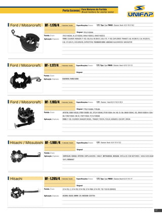 Porta Escovas Para Motores de Partida motor
                                                                 Brush holders for starter




Ford / Motorcraft       UF - 1.176/4              4 escovas / brushes   Especificações / Features:   12V, Tipo / Type: PMGR - Escova / Brush: 4,5 X 16 X 16,2


                                                                        Original: F81U11434AA
                       Partida / Starter:          F81Z11002AA, XL1Z11002AA, XW4U11000CG, XW4Z11002CG
                       Aplicação / Application:    Ford: Courier, Ranger, F-150, 4.6L/5.4L V8 (99-01), 6.8L V10 , F-100, Explorer, Transit, 4.6L V8 (99-01), 5.4L V8 (00-01),
                                                   6.8L V10 (00-01), EXCURSION, EXPEDITION, THUNDER BIRD, LINCOLN: BLACKWOOD, NAVIGATOR




Ford / Motorcraft      UF - 1.177/4               4 escovas / brushes   Especificações / Features:   12V, Tipo / Type: PMGR - Escova / Brush: 4,8 X 13 X 12


                                                                        Original:
                      Partida / Starter:
                      Aplicação / Application:     DAEWOO, FORD EURO




Ford / Motorcraft       UF - 1.183/4              4 escovas / brushes   Especificações / Features:   12V - Escova / Brush: 8,2 X 19,2 X 22,3


                                                                        Original: F7RU11434BA, F7RUBA
                       Partida / Starter:          4878768, 93BB11000JB, 97BB11000BB / BC, 97CA11000AB, 97VB11000A / AA / AB / B / BA, 98AB11000AC / BC, 98VB11000B1A / B3A /
                                                   BA, F3RZ11002A / 2B/ 2C, F50Y11002A, YC1U11000AB
                       Aplicação / Application:    Ford: F-100, Courier, Ranger diesel, Transit, FIESTA, FOCUS, MONDEO, ESCORT, ORION




Hitachi / Mitsubishi UF - 1.180 /4                4 escovas / brushes   		
                                                                        Especificações / Features:   12V - Escova / Brush: 4,5 X 12 X 12,2


                                                                        Original:
                       Partida / Starter:
                       Aplicação / Application:    CHRYSLER, DODGE, HYSTER: EMPILHADEIRA / FORKLIFT, MITSUBISHI, NISSAN: VEÍCULOS COM MOTORES / VEHICLES WITH ENGINE
                                                   GA15, RENAULT




Hitachi                 UF - 1.205/4              4 escovas / brushes   Especificações / Features:   12V, Tipo / Type: PMGR - Escova / Brush: 4,5 X 14 X 17


                                                                        Original:
                       Partida / Starter:          S114-753, C, S114-755, S114-756, S114-766A, S114-767, 752 1122-03 (DENSO)


                       Aplicação / Application:    ACURA, ISUZU, BMW: 335, NISSAN: SENTRA




                                                                                                                                                                                17
 