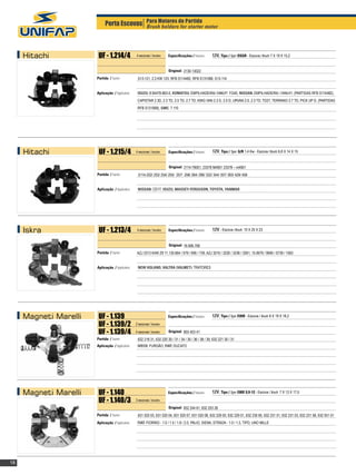 Porta Escovas Para Motores de Partida motor
                                           Brush holders for starter




     Hitachi            UF - 1.214/4              4 escovas / brushes    Especificações / Features:     12V, Tipo / Type: OSGR - Escova / Brush: 7 X 19 X 15,2


                                                                         Original: 2130-13022
                       Partida / Starter:          S13-121, 2,3 KW 12V, RFB S114482, RFB S131068, S13-114


                       Aplicação / Application:    ISUZU: 8.94478-863-0, KOMATSU: EMPILHADEIRA/ FORKLIFT FG40, NISSAN: EMPILHADEIRA / FORKLIFT, (PARTIDAS RFB S114482),
                                                   CAPISTAR 2.3D, 2.3 TD, 2.5 TD, 2.7 TD, KING VAN 2.3 D, 2.5 D, URVAN 2.0, 2.3 TD, td27, TERRANO 2.7 TD, PICK UP D. (PARTIDAS
                                                   RFB S131068), GMC: 7.110




     Hitachi            UF - 1.215/4              4 escovas / brushes    Especificações / Features:     12V, Tipo / Type: G/R 1,4 Kw - Escova / Brush: 6,8 X 14 X 15


                                                                         Original: 2114-79001, 23378 M4901 23378 – m4901
                       Partida / Starter:          S114-252/ 253/ 254/ 255/ 257/ 258/ 264/ 296/ 322/ 344/ 357/ 393/ 429/ 458


                       Aplicação / Application:    NISSAN: CD17, ISUZU, MASSEY-FERGUSON, TOYOTA, YANMAR




     Iskra              UF - 1.213/4               4 escovas / brushes   Especificações / Features:     12V - Escova / Brush: 10 X 25 X 23


                                                                         Original: 16.906.708
                       Partida / Starter:         AZJ 3313 K4W Z9 11.130.664 / 679 / 695 / 739, AZJ 3216 / 3226 / 3236 / 3261, 15.0679 / 0695 / 0739 / 1063


                       Aplicação / Application:    NEW HOLAND, VALTRA (VALMET): TRATORES




     Magneti Marelli    UF - 1.139                                       Especificações / Features:     12V, Tipo / Type: E95R - Escova / Brush: 8 X 19 X 18,2
                        UF - 1.139/2              2 escovas / brushes

                        UF - 1.139/4              4 escovas / brushes    Original: 855 403 41
                       Partida / Starter:          632 218 31, 632 220 30 / 31 / 34 / 35 / 36 / 38 / 39, 632 221 30 / 31
                       Aplicação / Application:    IVECO: FURGÃO, FIAT: DUCATO	                  		




     Magneti Marelli    UF - 1.140                                       Especificações / Features:     12V, Tipo / Type: E80E 0,9-12 - Escova / Brush: 7 X 13 X 17,5
                        UF - 1.140/3              3 escovas / brushes

                                                                         Original: 832 244 61, 832 253 26
                       Partida / Starter:          631 020 03, 631 020 04, 631 020 07, 631 020 08, 632 229 00, 632 229 01, 632 230 85, 632 231 01, 632 231 03, 632 231 08, 632 931 01
                       Aplicação / Application:    FIAT: FIORINO - 1.0 / 1.5 / 1.6 / 2.0, PALIO, SIENA, STRADA - 1.0 / 1.3, TIPO, UNO MILLE	                 		




18
 