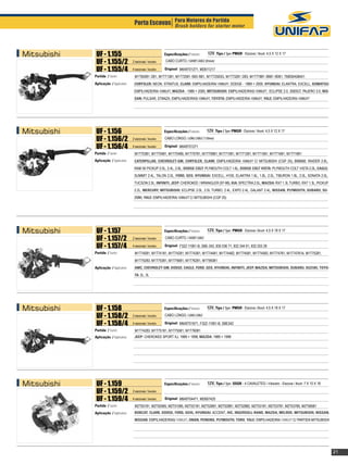 Porta Escovas Para Motores de Partida motor
                                                       Brush holders for starter




Mitsubishi    UF - 1.155                                       		
                                                              Especificações / Features:   12V, Tipo / Type: PMGR - Escova / Brush: 4,5 X 12 X 17
              UF - 1.155/2              2 escovas / brushes    CABO CURTO / SHORT CABLE (85mm)

              UF - 1.155/4              4 escovas / brushes   Original: M649T01271, md611217
             Partida / Starter:          M1T60081 /281, M1T71381, M1T72581 /583 /681, M1T72583G, M1T73281 /283, M1T77881 /8981 /9081, TM000A08401
             Aplicação / Application:    CHRYSLER: NEON, STRATUS, CLARK: EMPILHADEIRA/ FORKLIFT, DODGE - 1989 > 2000, HYUNDAI: ELANTRA, EXCELL, KOMATSU:
                                         EMPILHADEIRA/ FORKLIFT, MAZDA - 1989 > 2000, MITSUBISHI: EMPILHADEIRAS/ FORKLIFT, ECLIPSE 2.0, 3000GT, PAJERO 3.0, NIS-
                                         SAN: PULSAR, STANZA, EMPILHADEIRAS/ FORKLIFT, TOYOTA: EMPILHADEIRA/ FORKLIFT, YALE: EMPILHADEIRA/ FORKLIFT




Mitsubishi    UF - 1.156                                      		
                                                              Especificações / Features:   12V, Tipo / Type: PMGR - Escova / Brush: 4,5 X 12 X 17
              UF - 1.156/2              2 escovas / brushes   CABO LONGO / LONG CABLE (110mm)

              UF - 1.156/4              4 escovas / brushes   Original: M649T01271
             Partida / Starter:          M1T70381, M1T70481, M1T70485, M1T70781, M1T70881, M1T71081, M1T71281, M1T71581, M1T71681, M1T71881
             Aplicação / Application:    CATERPILLAR, CHEVROLET-GM, CHRYSLER, CLARK: EMPILHADEIRA/ FORKLIFT C/ MITSUBISHI (CGP 25), DODGE: RAIDER 2.6L,
                                         RAM 50 PICKUP 2.0L, 2.4L, 2.6L, DODGE COLT: PLYMOUTH COLT 1.6L, DODGE COLT VISTA: PLYMOUTH COLT VISTA 2.0L, EAGLE:
                                         SUMMIT 2.4L, TALON 2.0L, FORD, GEO, HYUNDAI: EXCELL, H100, ELANTRA 1.6L, 1.8L, 2.0L, TIBURON 1.8L, 2.0L, SONATA 2.0L,
                                         TUCSON 2.0L, INFINITI, JEEP: CHEROKEE / WRANGLER (97-98), KIA: SPECTRA 2.0L, MAZDA: RX7 1.3L TURBO, RX7 1.3L, PICKUP
                                         2.2L, MERCURY, MITSUBISHI: ECLIPSE 2.0L, 2.0L TURBO, 2.4L, EXPO 2.4L, GALANT 2.4L, NISSAN, PLYMOUTH, SUBARU, SU-
                                         ZUKI, YALE: EMPILHADEIRA/ FORKLIFT C/ MITSUBISHI (CGP 25)			




Mitsubishi    UF - 1.157                                      		
                                                              Especificações / Features:   12V, Tipo / Type: PMGR - Escova / Brush: 4,5 X 18 X 17
              UF - 1.157/2              2 escovas / brushes   CABO CURTO / SHORT CABLE

              UF - 1.157/4              4 escovas / brushes   Original: F32Z-11061-B, SBE-342, 835 036 71, 832 244 61, 832 253 26
             Partida / Starter:          M1T74081, M1T74181, M1T74281, M1T74381, M1T74481, M1T74482, M1T74581, M1T74583, M1T74781, M1T74781A, M1T75281,
                                         M1T75283, M1T75381, M1T75681, M1T76281, M1T95081
             Aplicação / Application:    AMC, CHEVROLET-GM, DODGE, EAGLE, FORD, GEO, HYUNDAI, INFINITI, JEEP, MAZDA, MITSUBISHI, SUBARU, SUZUKI, TOYO-
                                         TA: 2L, 3L 			




Mitsubishi    UF - 1.158                                      		
                                                              Especificações / Features:   12V, Tipo / Type: PMGR - Escova / Brush: 4,5 X 18 X 17
              UF - 1.158/2              2 escovas / brushes   CABO LONGO / LONG CABLE

              UF - 1.158/4              4 escovas / brushes   Original: M649T01671, F32Z-11061-B, SBE342
             Partida / Starter:          M1T74283, M1T75181, M1T75581, M1T76081
             Aplicação / Application:    JEEP: CHEROKEE SPORT XJ, 1989 > 1998, MAZDA: 1989 > 1998	               		
                                         			




Mitsubishi    UF - 1.159                                      Especificações / Features:   12V, Tipo / Type: OSGR - 4 CAVALETES / 4 Brackets - Escova / Brush: 7 X 10 X 18
              UF - 1.159/2              2 escovas / brushes

              UF - 1.159/4              4 escovas / brushes   Original: M649T04471, MD607420
             Partida / Starter:          M2T50181, M2T50585, M2T51085, M2T52181, M2T52681, M2T52881, M2T52882, M2T53181, M2T53781, M2T53785, M2T58581
             Aplicação / Application:    BOBCAT, CLARK, DODGE, FORD, GEHL, HYUNDAI: ACCENT, IHC, INGERSOLL-RAND, MAZDA, MELROE, MITSUBISHI, NISSAN,
                                         NISSAN: EMPILHADEIRAS/ FORKLIFT, ONAN, PERKINS, PLYMOUTH, TORO, YALE: EMPILHADEIRA/ FORKLIFT C/ PARTIDA MITSUBISHI




                                                                                                                                                                             21
 