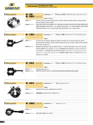Porta Escovas Para Motores de Partida motor
                                      Brush holders for starter




     Mitsubishi    UF - 1.160                                      Especificações / Features:   12V, Tipo / Type: DD OSGR - 3 CAVALETES / 3 Brackets - Escova / Brush: 7 X 10 X 18
                   UF - 1.160/3              3 escovas / brushes

                                                                   Original: M649T04471
                  Partida / Starter:          M2T20181D, M2T30481, M2T30581, M2T30981, M2T31081, M2T32281, M2T32581, M2T37081, M2T42381, M2T42985, M2T43681,
                                              M2T43781, M2T43881, M2T44781, M2T49881
                  Aplicação / Application:    DODGE, EAGLE, FORD, HYSTER, HYUNDAI: EXCELL, JOHN DEERE, KIA, KUBOTA, LINCOLN ELECTRIC, MAZDA, MERCURY, MIT-
                                              SUBISHI, MITSUBISHI: EMPILHADEIRAS / FORKLIFT, NISSAN: EMPILHADEIRAS / FORKLIFT, ONAN, PLYMOUTH, SUZUKI, WOODS,
                                              HYSTER: EMPILHADEIRAS / FORKLIFT c/ partida 918139600, YALE: EMPILHADEIRAS / FORKLIFT c/ partida 010476 DN




     Mitsubishi    UF - 1.178/4              4 escovas / brushes   		
                                                                   Especificações / Features:   12V, Tipo / Type: PMGR - Escova / Brush: 4,5 X 12 X 12.8, Cabo longo / Long cable.


                                                                   Original:
                  Partida / Starter:          9181 396-00 (FF184 00 / 000T92581), M0T60081 /82, M0T60186 /87, M0T80281 /381 /581 /783 /981, M0T81081 /281 /284 /681,
                                              M0T82281, M0T83981, M0T84881ZC, M0T85081, M0T85881, M0T86481, M0T91181ZC, M1T78681, M1T79482, M1T84381, M1T84381/
                                              4981, M1T85881, M1T86081/ 6182
                  Aplicação / Application:    CHEVROLET-GM, CHRYSLER: CONCORDE, DODGE: INTREPID 2.7L, HYSTER: EMPILHADEIRA / FORKLIFT. 95-05, JEEP, KIA:
                                              SPORTAGE, MAZDA: MPV 3.0L, PROTEGE 1.6L, 1.8L, 2.0L, MITSUBISHI: PAJERO/ MONTERO: 3.0L (00-03), 3.5L (99-04), 3.8L
                                              (01-02), MIRAGE 1.5L, 1.8L, NISSAN: 200SX 1.6L (95-98), EMPILHADEIRA / FORKLIFT, SENTRA 1.6L (95-99), FRONTIER 2.4L (99-01),
                                              PICKUP 2.4L, LIFT TRUCK NISSAN, XTERRA 2.4L (00-01), PLYMOUTH, SUBARU: FOREST 2.5L, IMPREZA (97-03), 2.2L, 2.5L,
                                              OUTBACK 2.2L, 2.5L, SUZUKI




     Mitsubishi    UF - 1.179/4              4 escovas / brushes   		
                                                                   Especificações / Features:    12V, Tipo / Type: PMGR - Escova / Brush: 4,5 X 12 X 12.8, Cabo curto / Short cable.


                                                                   Original:
                  Partida / Starter:          M000T843814, MD61 9097 / 9311
                  Aplicação / Application:    HYSTER: EMPILHADEIRA / FORKLIFT. 95-05: CHRYSLER, DODGE, MAZDA, MITSUBISHI, NISSAN, SUBARU




     Mitsubishi    UF - 1.187/4              4 escovas / brushes   Especificações / Features:     24V - Escova / Brush: 8 x 30 x 18.2


                                                                   Original:
                  Partida / Starter:          M009T644471ZA (2T0911023G) , MM0097662572ZA, 2509110223A


                  Aplicação / Application:    VOLKSWAGEN: CONSTELLATION 25 370, VOLVO: NH / FH




     Mitsubishi    UF - 1.200/4              4 escovas / brushes   Especificações / Features:     Escova / Brush: 5 x 17 x 16


                                                                   Original:
                  Partida / Starter:


                  Aplicação / Application:    ISUZU, ACURA, HONDA: CIVIC, ACCORD




22
 