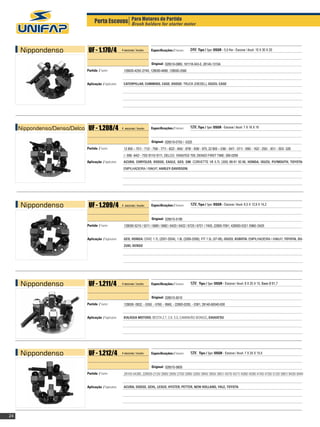 Porta Escovas Para Motores de Partida motor
                                                 Brush holders for starter




     Nippondenso              UF - 1.170/4              4 escovas / brushes    		
                                                                               Especificações / Features:      24V, Tipo / Type: OSGR - 5,5 Kw - Escova / Brush: 10 X 30 X 20


                                                                               Original: 028510-0880, 181118-043-0, 28140-1310A
                             Partida / Starter:          128000-4250 /2740, 128000-4685, 128000-2560


                             Aplicação / Application:    CATERPILLAR, CUMMINS, CASE, DODGE: TRUCK (DIESEL), ISUZU, CASE




     Nippondenso/Denso/Delco UF - 1.208/4               4 escovas / brushes    		
                                                                               Especificações / Features:      12V, Tipo / Type: OSGR - Escova / Brush: 7 X 16 X 16


                                                                               Original: 028510-0750 / -5320
                             Partida / Starter:          12 800 – 701/ - 712/ - 756/ - 771/ - 822/ - 845/ - 878/ - 938/ - 975, 22 800 – 036/ - 047/ - 071/ - 090/ - 162/ - 255/ - 301/ - 303/ -328
                                                         /- 399/ -642/ - 720/ 8110/ 8111, DELCO: 10455703/ 709, DENSO FIRST TIME: 280-0299
                             Aplicação / Application:    ACURA, CHRYSLER, DODGE, EAGLE, GEO, GM: CORVETTE V8 5.7L (350) 88-91 92-96, HONDA, ISUZU, PLYMOUTH, TOYOTA:
                                                         EMPILHADEIRA / FORKLIFT, HARLEY-DAVIDSON.




     Nippondenso              UF - 1.209/4              4 escovas / brushes    		
                                                                               Especificações / Features:      12V, Tipo / Type: OSGR - Escova / Brush: 6,5 X 12,9 X 14,2


                                                                               Original: 028510-5190
                             Partida / Starter:          128000-5210 / 5211 / 5680 / 5682 / 6420 / 6422 / 6720 / 6721 / 7400, 22800-7091, 428000-0321 /0960 /3420


                             Aplicação / Application:    GEO, HONDA: CIVIC 1.7L (2001-2004), 1.8L (2006-2008), FIT 1.5L (07-08), ISUZU, KUBOTA: EMPILHADEIRA / FORKLIFT, TOYOTA, SU-
                                                         ZUKI, DENSO




     Nippondenso              UF - 1.211/4              4 escovas / brushes    		
                                                                               Especificações / Features:      12V, Tipo / Type: OSGR - Escova / Brush: 8 X 25 X 15, Base Ø 81,7


                                                                               Original: 028510-5010
                             Partida / Starter:          128000- 0832, - 5350, - 5760, - 9560, - 22800-0200, - 0391; 28140-60040-000


                             Aplicação / Application:    KIA/ASIA MOTORS: BESTA 2.7, 2.8, 3.0, CAMINHÃO BONGO, DAIHATSU




     Nippondenso              UF - 1.212/4              4 escovas / brushes    		
                                                                               Especificações / Features:      12V, Tipo / Type: OSGR - Escova / Brush: 7 X 25 X 15,5


                                                                               Original: 028510-5800
                             Partida / Starter:          28100-54380, 228000-2120/ 2680/ 2690/ 2700/ 2980/ 3260/ 3840/ 3850/ 3851/ 4570/ 4571/ 4580/ 4590/ 4740/ 4750/ 5120/ 5861/ 8430/ 8440


                             Aplicação / Application:    ACURA, DODGE, GEHL, LEXUS, HYSTER, PETTER, NEW HOLLAND, YALE, TOYOTA




24
 