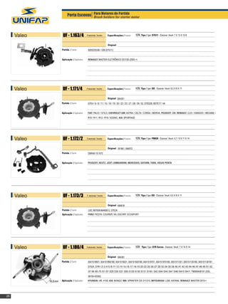 Porta Escovas Para Motores de Partida motor
                                 Brush holders for starter




     Valeo    UF - 1.163/4              4 escovas / brushes    		
                                                               Especificações / Features:      12V, Tipo / Type: D7G11 - Escova / Brush: 7 X 13 X 10.8


                                                               Original:
             Partida / Starter:          8200225336 / 338 (D7G11)


             Aplicação / Application:    RENAULT: MASTER ELETRÔNICO DCI120 (2005 >)




     Valeo    UF - 1.171/4              4 escovas / brushes    		
                                                               Especificações / Features:      12V, Tipo / Type: DD - Escova / Brush: 6,5 X 8 X 11


                                                               Original: 594351
             Partida / Starter:          D7E4 / 6 / 8 / 11 / 15 / 18 / 19 / 20 / 22 / 23 / 27 / 28 / 39 / 52, D7ED28, BD7E17 / 44


             Aplicação / Application:    FIAT: PALIO / STILO, CHEVROLET-GM: ASTRA / CELTA / CORSA / MERIVA, PEUGEOT: 206, RENAULT: CLIO / KANGOO / MEGANE /
                                         R19 / R11 / R12 / R19 / SCENIC, KIA: SPORTAGE




     Valeo    UF - 1.172/2              2 escovas / brushes    		
                                                               Especificações / Features:      12V, Tipo / Type: PMGR - Escova / Brush: 4,7 / 9 X 11 X 14


                                                               Original: 181961, 594072
             Partida / Starter:          D6RA8 /10 /572


             Aplicação / Application:    PEUGEOT, DEUTZ, JEEP, LOMBARDINI, MERCEDES, SATURN, TORO, VOLVO PENTA




     Valeo    UF - 1.173/3              3 escovas / brushes    		
                                                               Especificações / Features:      12V, Tipo / Type: DD - Escova / Brush: 6,5 X 8 X 11


                                                               Original: 494818
             Partida / Starter:          USC 867838-864608 G, D7E34
             Aplicação / Application:    FORD: FIESTA, COURIER, KA, ESCORT, ECOSPORT




     Valeo    UF - 1.186/4              4 escovas / brushes    		
                                                               Especificações / Features:      12V, Tipo / Type: D7R Series - Escova / Brush: 7 X 14 X 14


                                                               Original: 594381
             Partida / Starter:          0041518901, 004151890180, 0041519201, 004151920180, 0041519701, 004151970180, 0051511301, 005151130180, 005151130187,
                                         D7524, D7R1 /2 /3 /4 /5 /8 /11 /12 /14 /15 /16 /17 /18 /19 /20 /22 /25 /26 /27 /28 /33 /34 /35 /36 /40 /41 /42 /43 /44 /46 /47 /48 /49 /51 /53
                                         /57 /64 /65 /70 /S1 /S7 /S29 /S30 /S31 /S50 /S129 /S130 /S131 /S150 / SA2 /SA4 /SA5 /SA7 /SA8 /SA10 /SA11, TM000A36101 (DSL
                                         36100-42350)
             Aplicação / Application:    HYUNDAI: HR, H100, KIA: BONGO, MB: SPRINTER CDI 311/313, MITSUBISHI: L200, KATANA, RENAULT: MASTER 2010->




26
 