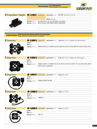 Porta Escovas Para Alternadoresalternators
                                                                          Brush holders for




Prestolite / Delphi            UF - 2.210/2               2 escovas / brushes   		
                                                                                Especificações / Features:   12V / 24V - Escova / Brush: 4,5 X 8 X 18,5


                                                                                Original: 352.13.406
                              Alternador / Alternator:     352.13.685 / 690 / 725 / 730, 352.14.305, M02409R 12 /24V 55>90A
                              Aplicação / Application:     DEUTZ, EL DETALLE, FORD, PERKINS, RENAULT, VOLKSWAGEN




Porta Escovas Porta escovas para sistema elétrico de arrefecimento
              Brush holder for cooling electric cal system


Diversos                       UF - 6.605/4               4 escovas / brushes   Especificações / Features:   Escova / Brush: 7 X 8 X 17; s/ Supressor ruído / Without noise suppressor
                               Original:
                               Motor / Motor

                               Aplicação / Application:     RENAULT: cangoo, 9 a 19. PEUGEOT: 405, 306, 205. FIAT: palio, siena, uno, duna. FORD: fiesta, escort, sierra, FOCUS.




Diversos                       UF - 6.606/4               4 escovas / brushes   Especificações / Features:   Escova / Brush: 7 X 8 X 17; c/ Supressor ruído / With noise suppressor

                              Original:
                              Motor / Motor

                              Aplicação / Application:     RENAULT: cangoo, 9 a 19. PEUGEOT: 405, 306, 205. FIAT: palio, siena, uno, TEMPRA, TIPO, duna. FORD: fiesta, escort,
                                                           sierra, FOCUS 1.8L, GM: MERIVA.




Diversos                       UF - 6.607/4               4 escovas / brushes   Especificações / Features:   Escova / Brush: 7 X 8 X 17

                              Original:
                              Motor / Motor

                              Aplicação / Application:      RENAULT, PEUGEOT, FIAT, FORD




Diversos                        UF - 6.608/4              4 escovas / brushes   Especificações / Features:   Escova / Brush: 7 X 8 X 17

                               Original:
                               Motor / Motor

                               Aplicação / Application:     RENAULT: 19




Diversos                       UF - 6.609/4               4 escovas / brushes   Especificações / Features:   Escova / Brush: 7 X 8 X 17

                              Original:
                              Motor / Motor

                              Aplicação / Application:      FIAT: PALIO




                                                                                                                                                                                         31
 
