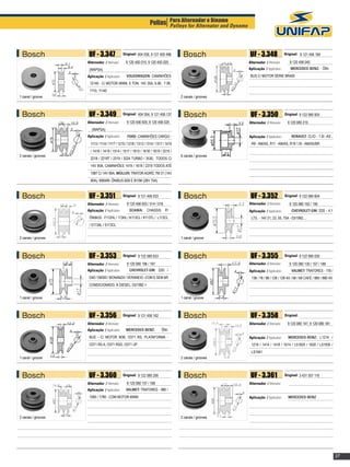 Polias Para Alternador e Dínamo Dynamo
                                                                            Pulleys for Alternator and




 Bosch                UF - 3.347                 Original: 404 036, 9 121 450 496         Bosch                UF - 3.348                Original: 9 121 456 184

                     Alternador / Alternator:       9 120 450 015, 9 120 450 020                              Alternador / Alternator:      9 120 456 040
                      (WAPSA)                                                                                 Aplicação / Application:       MERCEDES-BENZ: ÔNI-

                     Aplicação / Application:       VOLKSWAGEN: CAMINHÕES                                      BUS C/ MOTOR SÉRIE BR400
                      12140 - C/ MOTOR MWM, 6 TON. 14V 35A, 6.90, 7.90,
                      7110, 11140	
1 canal / groove                                                                         2 canais / grooves



 Bosch                UF - 3.349                 Original: 404 054, 9 121 456 137          Bosch               UF - 3.350                Original: 9 122 080 925

                     Alternador / Alternator:       9 120 456 005, 9 120 456 025                              Alternador / Alternator:     9 120 080 215
                          (WAPSA)
                     Aplicação / Application:        FORD: CAMINHÕES CARGO -                                  Aplicação / Application:       RENAULT: CLIO - 1.6I -AS ,
                          1113 / 1114 / 1117 / 1215 / 1218 / 1313 / 1314 / 1317 / 1415                          R9 - AM/AS, R11 - AM/AS, R19 1.6I - AM/AS/BR	
                          / 1418 / 1419 / 1514 / 1517 / 1615 / 1618 / 1619 / 2215 /                             		
2 canais / grooves                                                                       6 canais / grooves
                          2218 / 2218T / 2319 / 3224 TURBO / 3530, TODOS C/
                          14V 90A, CAMINHÕES 1419 / 1619 / 2319 TODOS ATÉ
                          1987 C/ 14V 90A, MÜLLER: TRATOR AGRÍC.TM 31 (14V
                          90A); VOLVO: ÔNIBUS B58 E B10M (28V 75A)



 Bosch                UF - 3.351                 Original: 9 121 456 033                   Bosch               UF - 3.352                Original: 9 122 080 604

                     Alternador / Alternator:       9 120 456 003 / 014 / 016                                 Alternador / Alternator:      9 120 080 192 / 195
                     Aplicação / Application:         SCANIA:      CHASSIS       P/                           Aplicação / Application:       CHEVROLET-GM: D20 - 4.1
                      ÔNIBUS - F112HL / 113HL / K113CL / K113TL / L113CL                                        LTS. - 14V 21, 23, 55, 75A - 03/1992....		
                      / S113AL / S113CL                                                                         	


2 canais / grooves                                                                       1 canal / groove



 Bosch                UF - 3.353                 Original: 9 122 080 633                   Bosch               UF - 3.355                Original: 9 122 080 030

                     Alternador / Alternator:       9 120 080 196 / 197                                       Alternador / Alternator:      9 120 080 130 / 157 / 188
                     Aplicação / Application:         CHEVROLET-GM: D20 /                                     Aplicação / Application:       VALMET: TRATORES - 118 /
                      D40 / D6000 / BONANZA / VERANEIO -COM E SEM AR                                            138 / 78 / 88 / 128 / 128 4X / 68 / 68 CAFÉ / 880 / 880 4X	
                      CONDICIONADO, À DIESEL, 03/1992 >	                                                        		


1 canal / groove                                                                         1 canal / groove



 Bosch                UF - 3.356                 Original: 9 121 456 162                   Bosch               UF - 3.358                Original:

                     Alternador / Alternator:                                                                 Alternador / Alternator:     9 120 080 147, 9 120 080 181
                     Aplicação / Application:       MERCEDES-BENZ:            ÔNI-
                      BUS - C/ MOTOR M36, O371 RS, PLATAFORMA -                                               Aplicação / Application:     MERCEDES-BENZ: L1214 /
                      O371 RS A, O371 RSD, O371 UP		                                                            1218 / 1414 / 1418 / 1614 / LS1625 / 1630 / LS1935 /
                      	                                                                                         LS1941			
1 canal / groove                                                                         2 canais / grooves



 Bosch                UF - 3.360                 Original: 9 122 080 295                   Bosch               UF - 3.361                Original:  431 557 116
                                                                                                                                                   3

                     Alternador / Alternator:       9 120 080 157 / 188                                       Alternador / Alternator:
                     Aplicação / Application:       VALMET: TRATORES - 980 /
                      1580 / 1780 - COM MOTOR MWM		                                                           Aplicação / Application:     MERCEDES-BENZ
                      	


2 canais / grooves                                                                       2 canais / grooves




                                                                                                                                                                              37
 