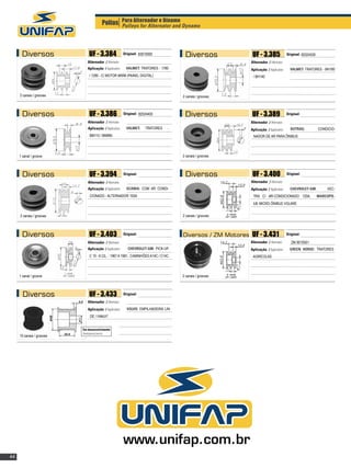 Polias Para Alternador e Dínamo Dynamo
                                               Pulleys for Alternator and




      Diversos                 UF - 3.384                Original: 82610900
                                                                                       Diversos              UF - 3.385                Original: 82024500

                              Alternador / Alternator:                                                      Alternador / Alternator:
                              Aplicação / Application:    VALMET: TRATORES - 1780                           Aplicação / Application:     VALMET: TRATORES - BH180
                               / 1280 - C/ MOTOR MWM (PAINEL DIGITAL)	                                       / BH140			
                               		


     2 canais / grooves                                                               2 canais / grooves



       Diversos                UF - 3.386                Original: 82024400            Diversos              UF - 3.389                Original:

                              Alternador / Alternator:                                                      Alternador / Alternator:
                              Aplicação / Application:     VALMET:    TRATORES   -                          Aplicação / Application:     OUTRAS:            CONDICIO-
                               BM110 / BM985		                                                                NADOR DE AR PARA ÔNIBUS		
                               	                                                                              	


     1 canal / groove                                                                 2 canais / grooves




       Diversos                UF - 3.394                Original:                     Diversos              UF - 3.400                Original:

                              Alternador / Alternator:                                                      Alternador / Alternator:
                              Aplicação / Application:     SCANIA: COM AR CONDI-                            Aplicação / Application:     CHEVROLET-GM:          VEC-
                               CIONADO - ALTERNADOR 105A		                                                   TRA C/ AR-CONDICIONADO 120A,                   MARCOPO-
                               	                                                                             LO: MICRO ÔNIBUS VOLARE		
                                                                                                             	
     2 canais / grooves                                                               2 canais / grooves




       Diversos                UF - 3.403                Original:                    Diversos / ZM Motores UF - 3.431                 Original:

                              Alternador / Alternator:                                                      Alternador / Alternator:      ZM 9010501
                              Aplicação / Application:      CHEVROLET-GM: PICK-UP                           Aplicação / Application:     GREEN HORSE: TRATORES
                               C 10 - 6 CIL. - 1967 A 1981, CAMINHÕES A14C / C14C                            AGRÍCOLAS




     1 canal / groove                                                                 2 canais / grooves



       Diversos                UF - 3.433                Original:

                              Alternador / Alternator:
                              Aplicação / Application:     VOLVO: EMPILHADEIRA LIN-
                               DE / FORKLIFT


                           Em desenvolvimento
                           Development process
     10 canais / grooves




                                                         www.unifap.com.br
44
 