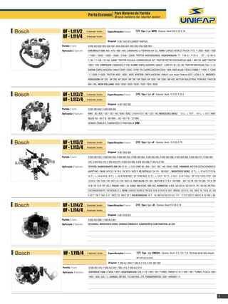 Porta Escovas Para Motores de Partida motor
                                                  Brush holders for starter



Bosch    UF - 1.111/2              2 escovas / brushes   		
                                                         Especificações / Features:    12V, Tipo / Type: MPB - Escova / Brush: 8,8 X 19 X 18
         UF - 1.111/4              4 escovas / brushes

                                                         Original: 9 001 453 023 (246007 WAPSA)
        Partida / Starter:          9 000 453 020 /033 /034 /041 /044 /046 /047 /050 /053 /054 /060 /061
        Aplicação / Application:    CHEVROLET-GM: A60 / A70 / A80 / A90, CAMINHÃO C/ PERKINS 6/4 CIL, FORD: CARGO WORLD TRUCK 1113; F 2000 / 4000 / 7000
                                    / 11000 / 12000 / 13000 / 19000 / 21000 / 22000; TRATOR 4600/5600/6600, VOLKSWAGEN: 7T - 7.90 S / 7.110 S ; 12T - 12.140 H,
                                    7.140 / 11.160 / 22.160, CASE: TRATOR ESCAVO CARREGADOR W7, TRATOR RETRO-ESCAVADOR 580E / 580 CK, CBT: TRATOR
                                    1090 / 1100, CHRYSLER: CAMINHÃO P-700, CLARK: EMPILHADEIRA/ FORKLIFT - C300 HY 40 / 50 / 60, TRATOR MICHIGAN 75A / II / III,
                                    EATON: EMPILHADEIRA/ FORKLIFT D83P / D83C / D78P, PÁ-CARREGADEIRA 250A / 1900, FIAT-ALLIS: FB 80.2, FORD: F 11000 / F 12000
                                    / F 13000, F 4000, TRATOR 4600 / 5600 / 6600, HYSTER: EMPILHADEIRA/ FORKLIFT com motor Perkins 4203 / 4236 4 Cil., MASSEY-
                                    FERGUSON: MF 200 - MF 296, MF 295/4 / MF 296 / MF 296/4, MF 3000 - MF-3366 / MF-400, MOTOR INDUSTRIAL PERKINS, TRATOR
                                    95X / 95L, NEW HOLLAND: 4630 / 5030 / 5630 / 6630 / 7630 / 7830 / 8030



Bosch    UF - 1.112/2              2 escovas / brushes   Especificações / Features:    24V, Tipo / Type: JF - Escova / Brush: 10 X 22 X 23,5
         UF - 1.112/4              4 escovas / brushes

                                                         Original: 9 001 083 392
        Partida / Starter:          9 000 083 043, 9 000 083 065
        Aplicação / Application:    FIAT: - 80 / 80S / 120 / 130 / 140 / 8340 / 8360, CAMINHÕES: 80 / 120 / 140, MERCEDES-BENZ: - 13 t L - L 1317 , - 15 t L - L 1517, FIAT-
                                    ALLIS: AD - AD 7 B - 06/1985..., AD - AD 7 B - 12/1984...
                                    DEMAIS ÔNIBUS E CAMINHÕES C/ PARTIDA JF 24V




Bosch    UF - 1.113/2              2 escovas / brushes   Especificações / Features:    24V, Tipo / Type: JF - Escova / Brush: 10 X 22 X 19
         UF - 1.113/4              4 escovas / brushes

                                                         Original: 9 001 083 596
        Partida / Starter:          9 000 083 043, 9 000 083 054, 9 000 083 063, 9 000 083 064, 9 000 083 065, 9 000 083 066, 9 000 083 068, 9 000 083 073, 9 000 083
                                    076, 9 000 453 075, 9 000 453 079, 9 000 453 086, 9 000 453 088, F 000 AL0 700
        Aplicação / Application:    TOYOTA: BANDEIRANTE OM 364 01.91 --) 12.01 FIAT: 80 / 80S / 120 / 130 / 140 / 8340 / 8360, YANMAR: MOTOR ESTACIONÁRIO E
                                    MARÍTIMO, CASE: W18 D / W 18 E / W 20 D / W20 E, EL DETALLE: OA 101 - 09/1997..., MERCEDES-BENZ: 12 T L - L 1214/1217/1218;
                                    14 T L - L 1414/1418, 16 T L - L 1614/1618/1621; OF 1318/1620, 13 T L - L 1317 / 15 T L - L 1517 ; O 371 U/UL ; OF 1115 /1315 /1721 ; OH
                                    1315 G / OH 1318 / OH 1621 LG / OH 1623 LG, FIAT-ALLIS: FG 140 - MOTOR 6 CT 8.3 - 02/1999..., AD 7 B; FA 120; FH 200, FD 9; FR
                                    10 B; FR 12 B, FR 120.2, VOLVO: VME L 30, CASE: 888 BCKE; 888 CKE, KOMATSU: A 835; GD 523 A; GD 523 R, PC 150 SE, RETRO-
                                    ESCAVADEIRA PC 150 MODELO 3, FORD: CARGO WORLD TRUCK 1618; B 1618; B 1621, IVECO: 120 E15; 150; 149 E 18; 150 E 20; 150
                                    E 20 T; 150 T; 160 E 21; 160 E 23; 160 E 23 T, VOLKSWAGEN: 16 T - 16.180 CO/16.210 CO; 17T - 17.210 OD/17.240OT, B 16.180; L 80



Bosch    UF - 1.114/2              2 escovas / brushes   Especificações / Features:    24V, Tipo / Type: JE - Escova / Brush: 9 X 36 X 18
         UF - 1.114/4              4 escovas / brushes

                                                         Original: 9 001 453 625
        Partida / Starter:          9 000 453 068, F 000 AL0 801
        Aplicação / Application:    DECAROLI, MERCEDES-BENZ, DEMAIS ÔNIBUS E CAMINHÕES COM PARTIDA JE 24V




Bosch    UF - 1.115/4              4 escovas / brushes   Especificações / Features:     12V, Tipo / Type: DM/DA - Escova / Brush: 5 X 12 X 11,6, Terminal saída lado esquer-
                                                                                        do/ Left side terminal.
                                                          Original: F 000 AL1 054, F 000 AL1 013, 9 001 081 092
        Partida / Starter:           9 000 081 010, F 000 AL0 401 / 306 / 313, F 000 AL0 414
        Aplicação / Application:     CHEVROLET-GM: CORSA 1.6EFI, VOLKSWAGEN: GOL II / III 1.0MI / 16V / TURBO, PARATI II / III / 1.0MI / 16V / TURBO; FUSCA 1300 /
                                     1500 / 1600; GOL 1.3, GURGEL: BR 800, TOCANTINS L/TR, TRANSPORTER: 1600 / VARIANT / II




                                                                                                                                                                               3
 